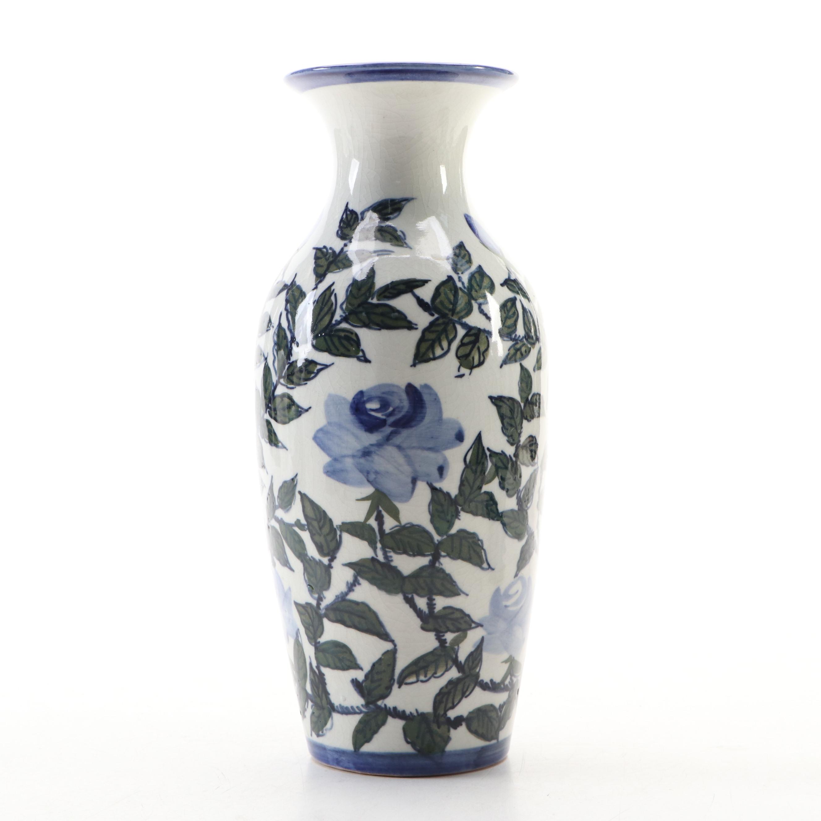 Blue Rose Motif Ceramic Vase with Other Hand-Painted Ceramic Candlesticks