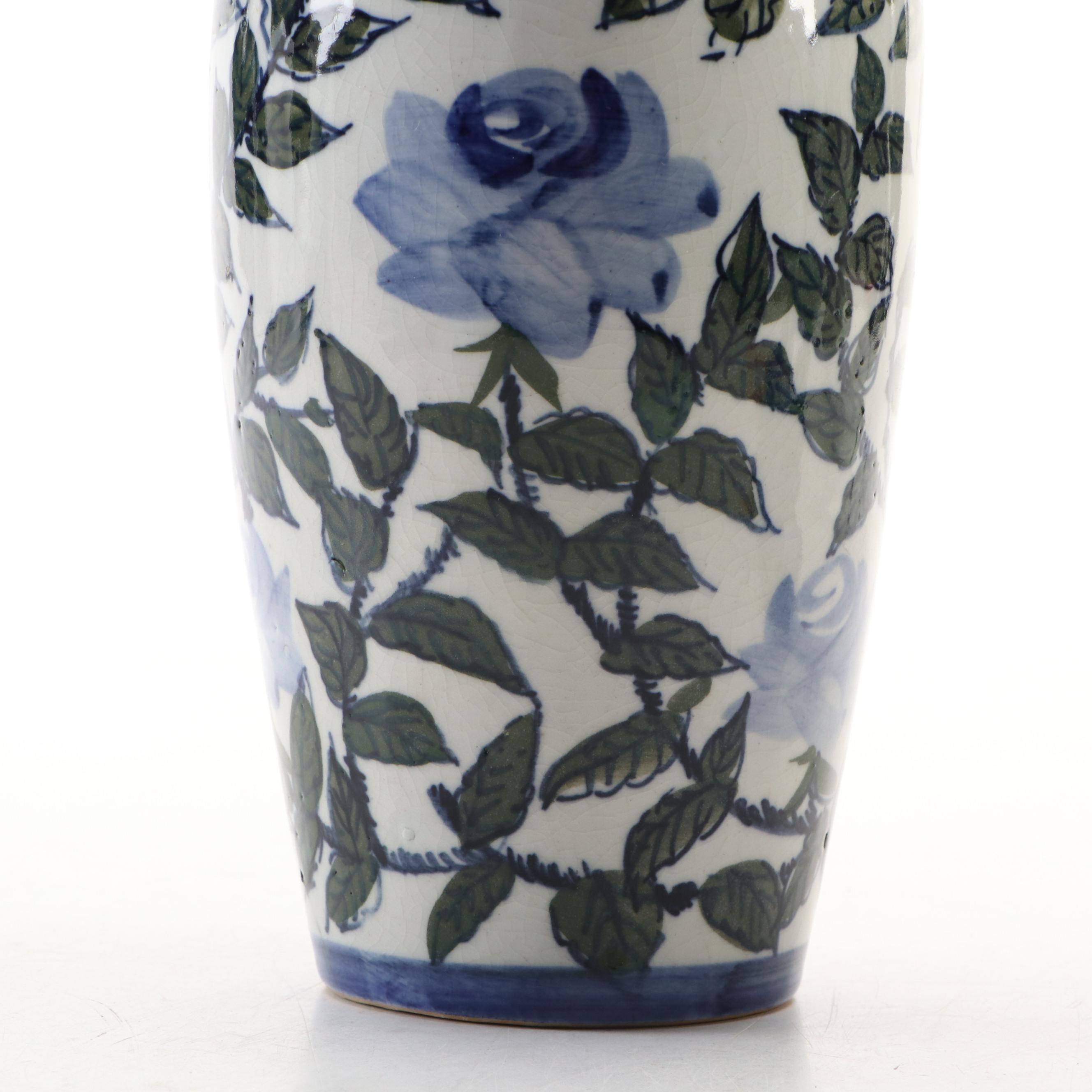 Blue Rose Motif Ceramic Vase with Other Hand-Painted Ceramic Candlesticks