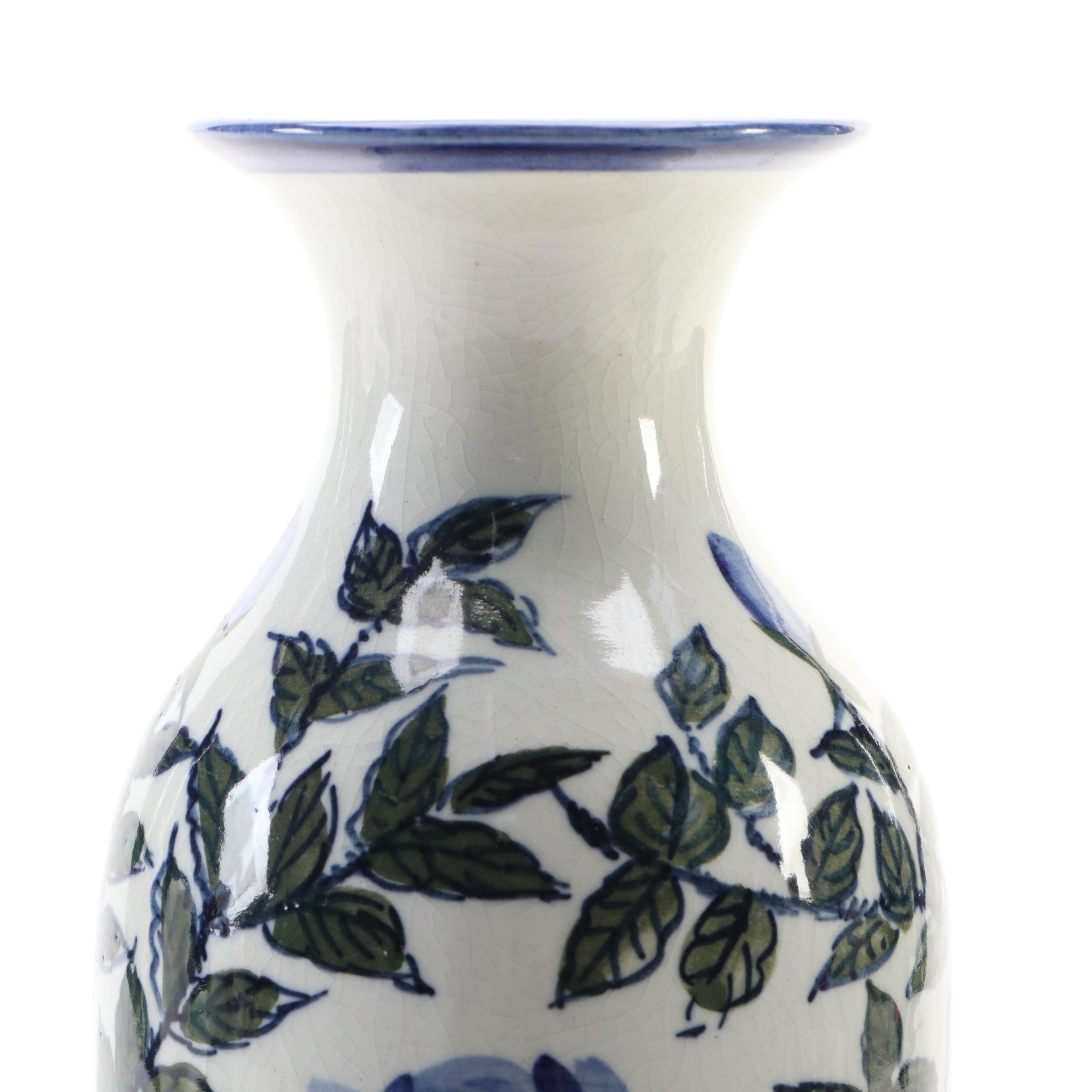 Blue Rose Motif Ceramic Vase with Other Hand-Painted Ceramic Candlesticks