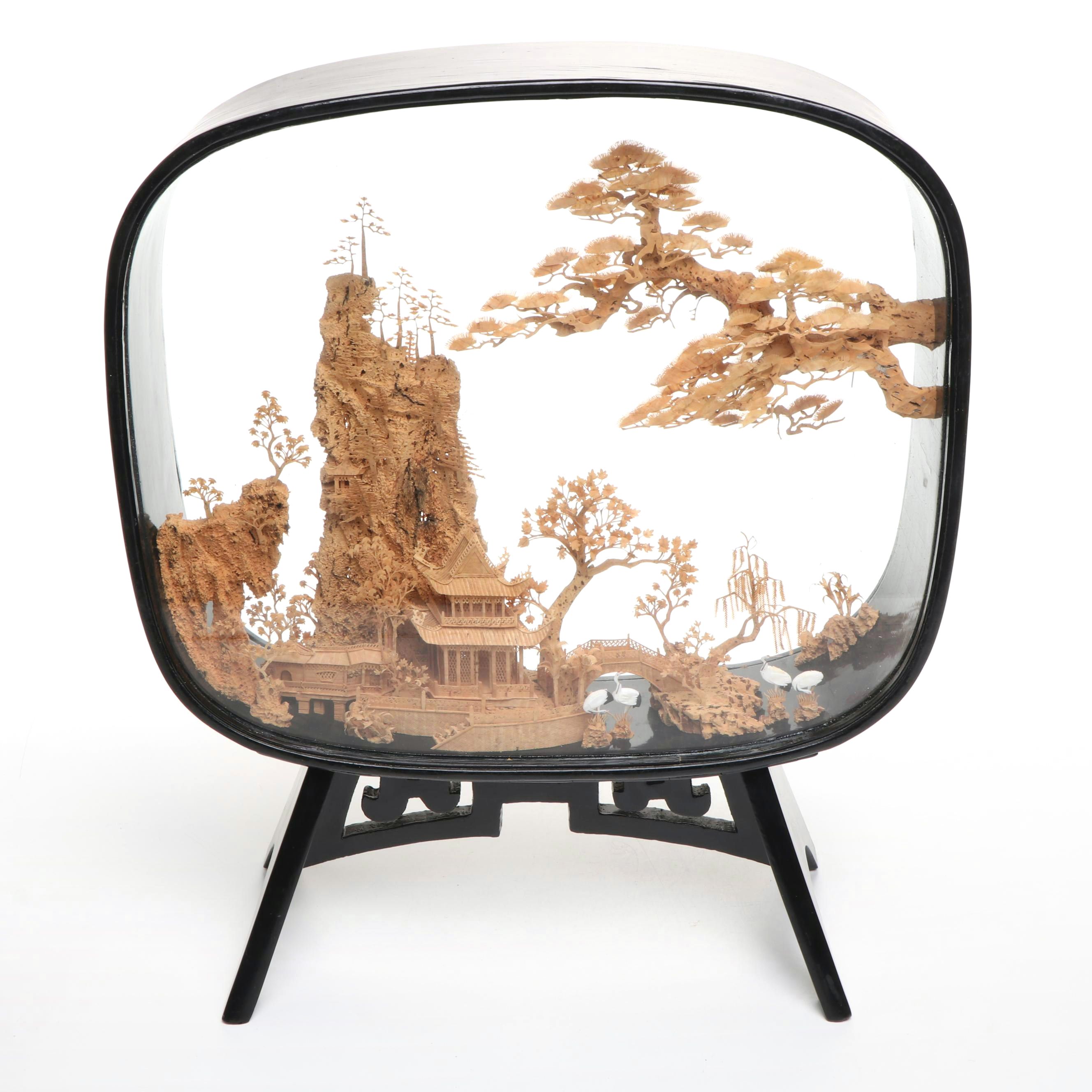 Chinese Cork Landscape Inside Wood Display Case