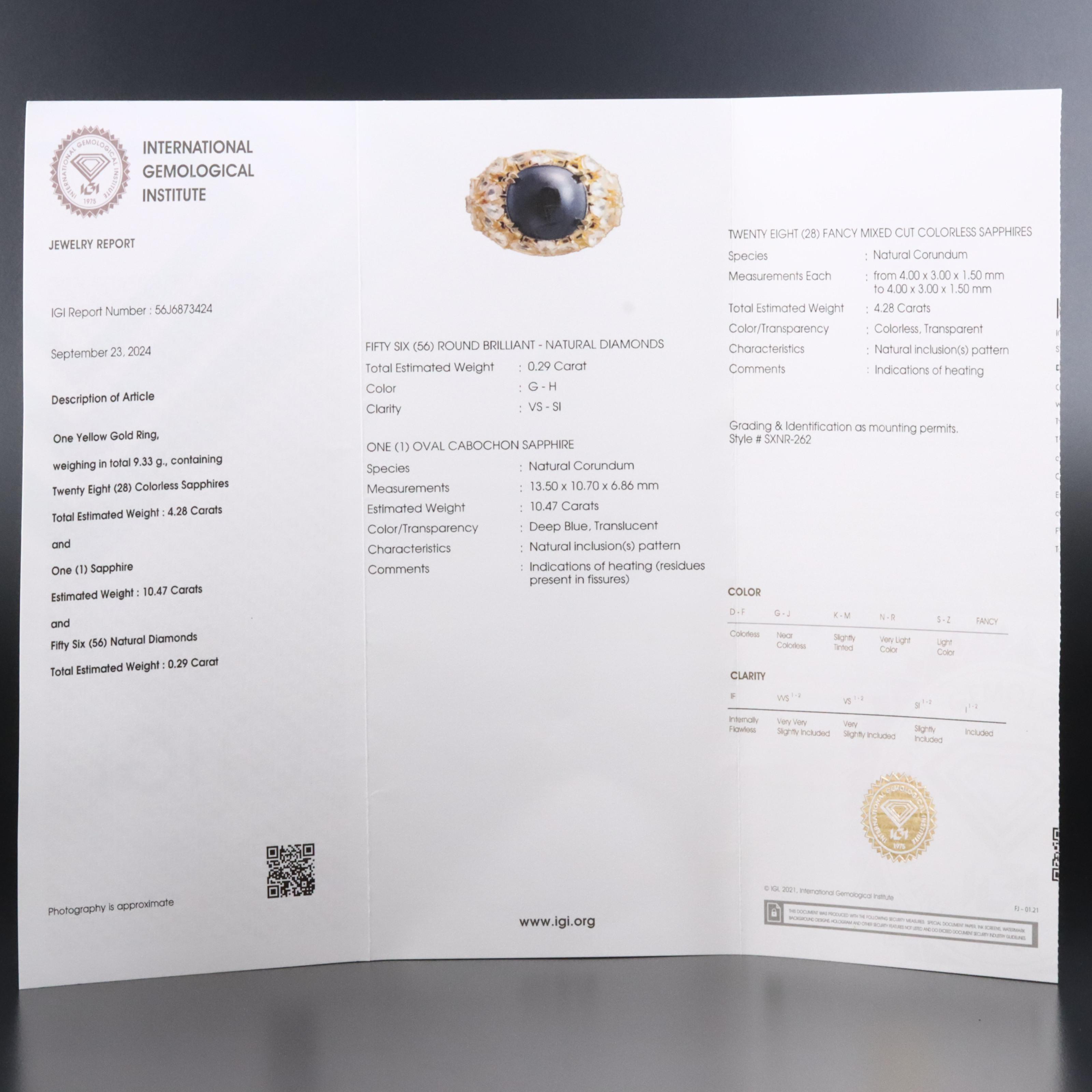 14K 10.47 CT Sapphire, White Sapphire, and Diamond Ring with IGI Jewelry Report