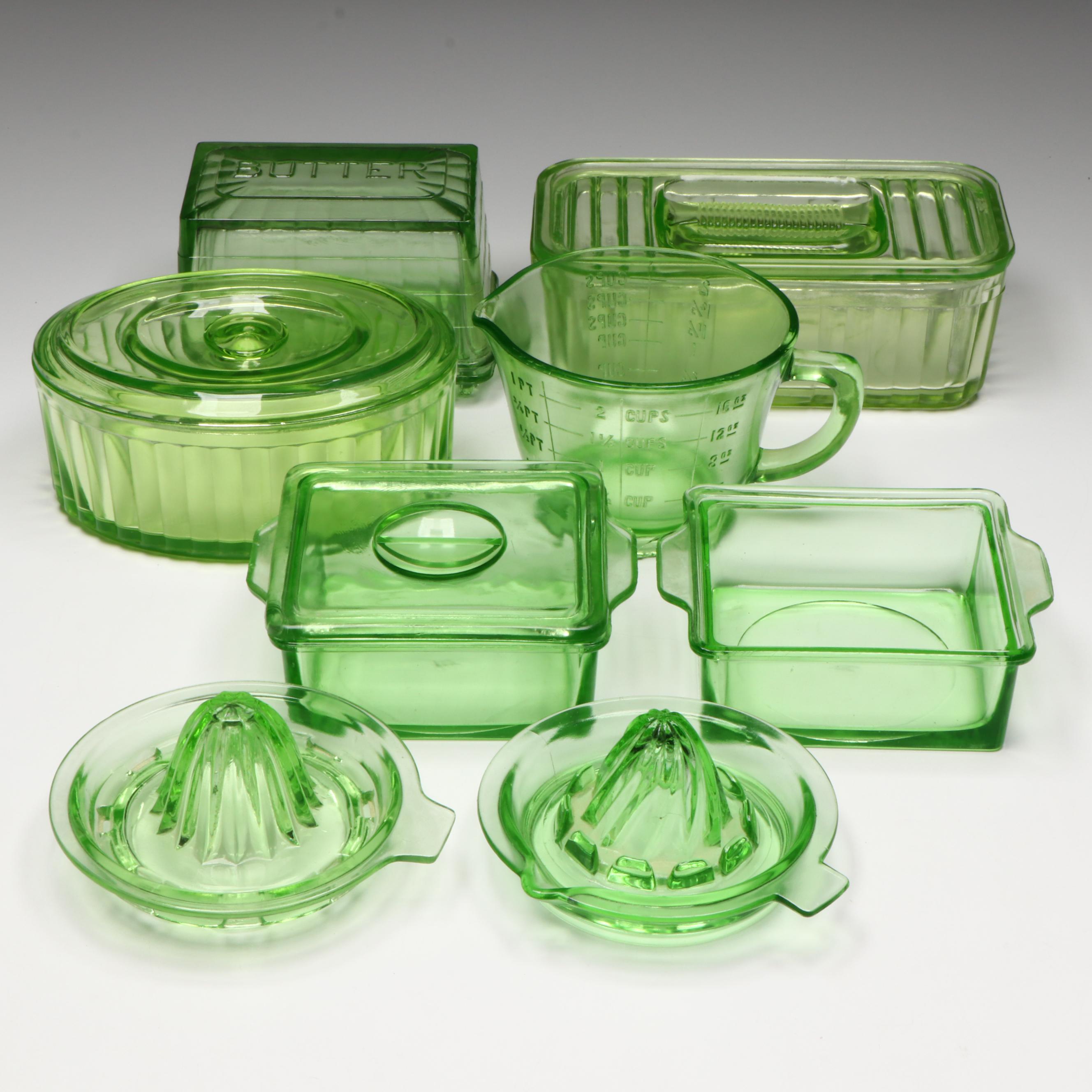 Hazel Atlas and Other Art Deco Uranium Glass Refrigerator Dishes and Kitchenware