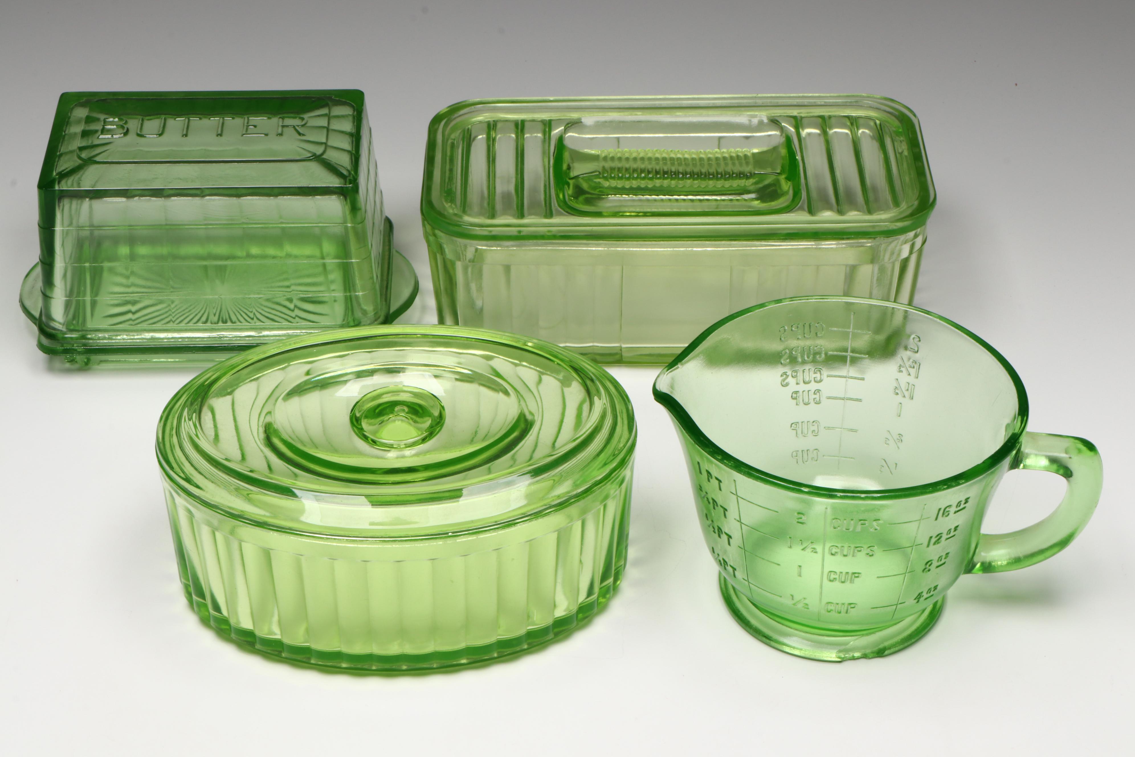 Hazel Atlas and Other Art Deco Uranium Glass Refrigerator Dishes and Kitchenware