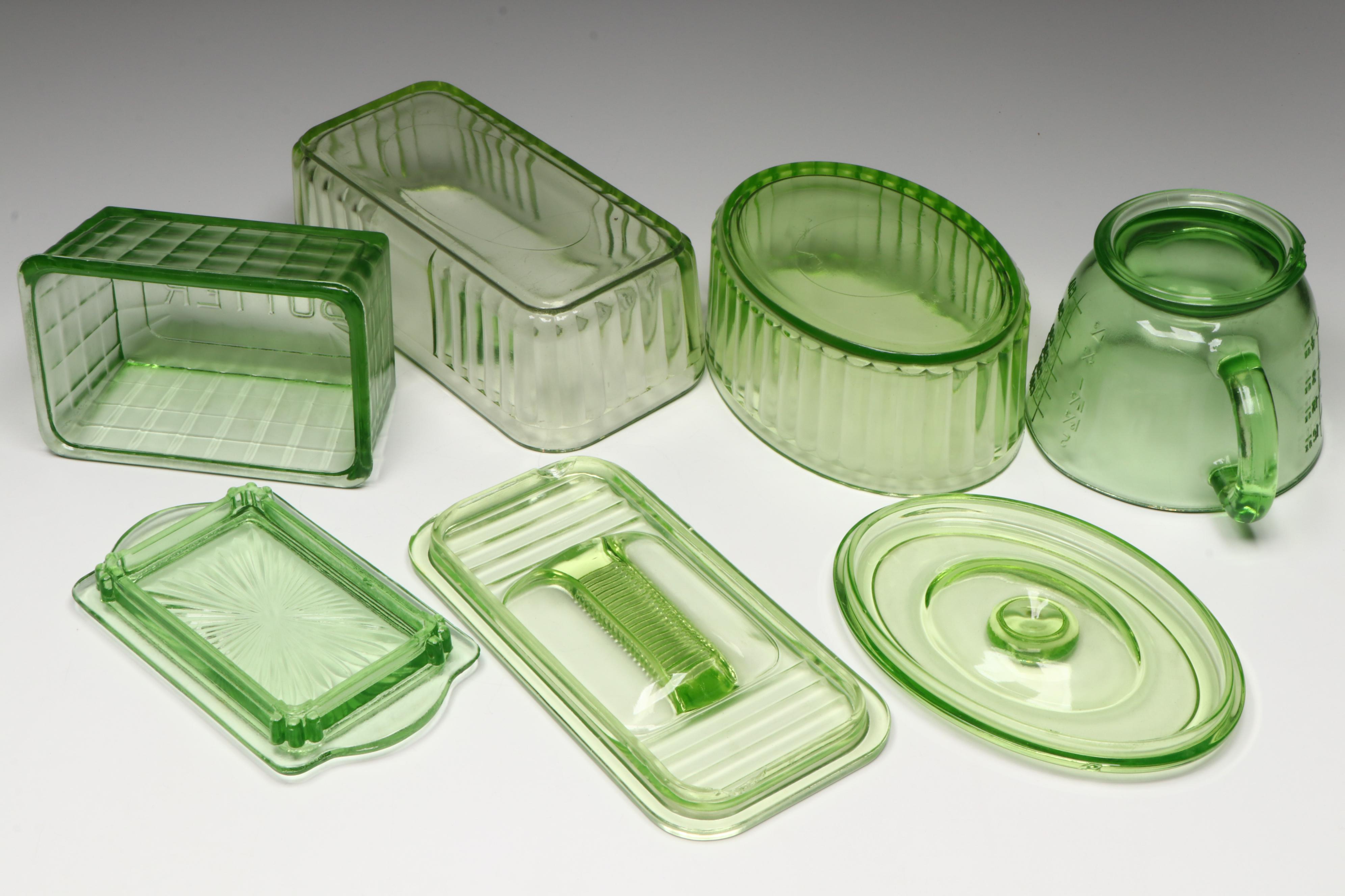 Hazel Atlas and Other Art Deco Uranium Glass Refrigerator Dishes and Kitchenware