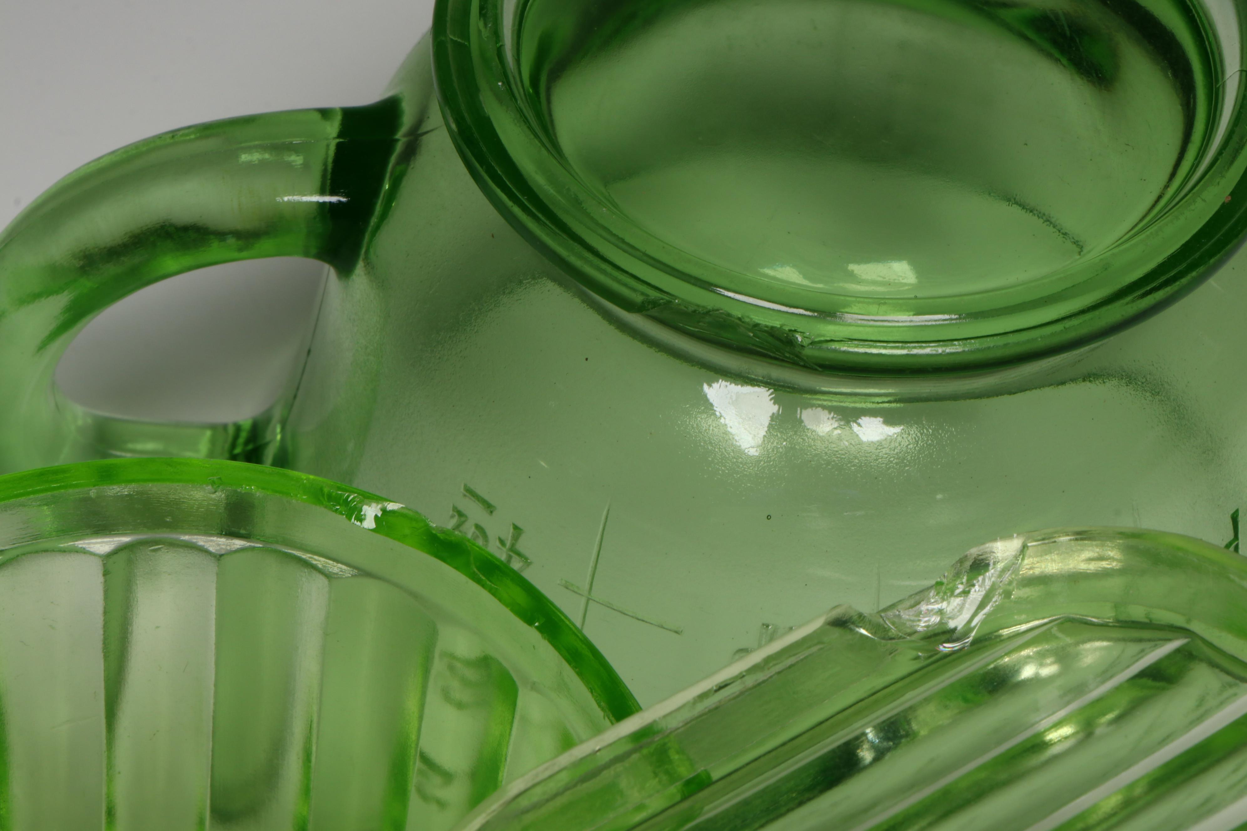 Hazel Atlas and Other Art Deco Uranium Glass Refrigerator Dishes and Kitchenware