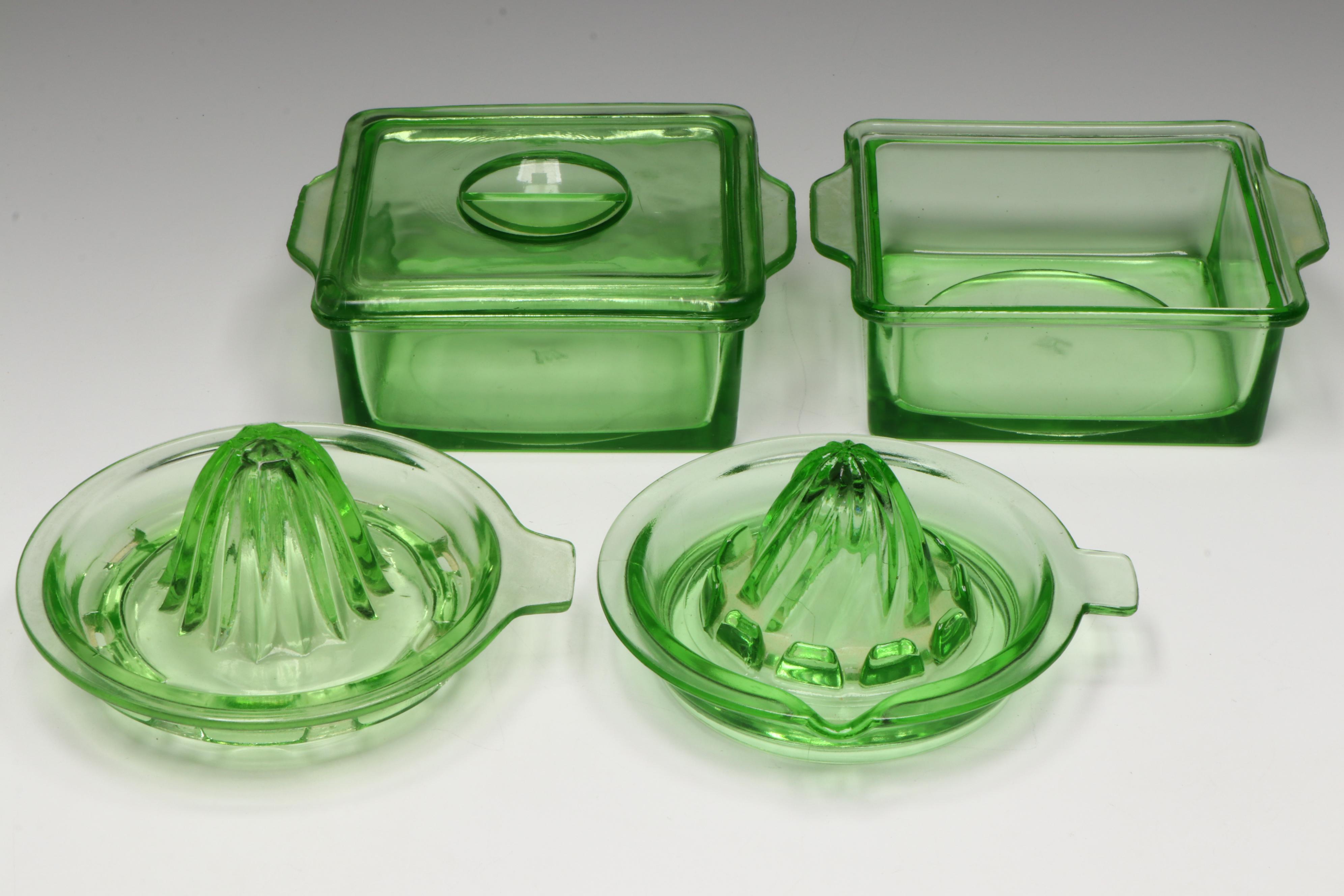 Hazel Atlas and Other Art Deco Uranium Glass Refrigerator Dishes and Kitchenware