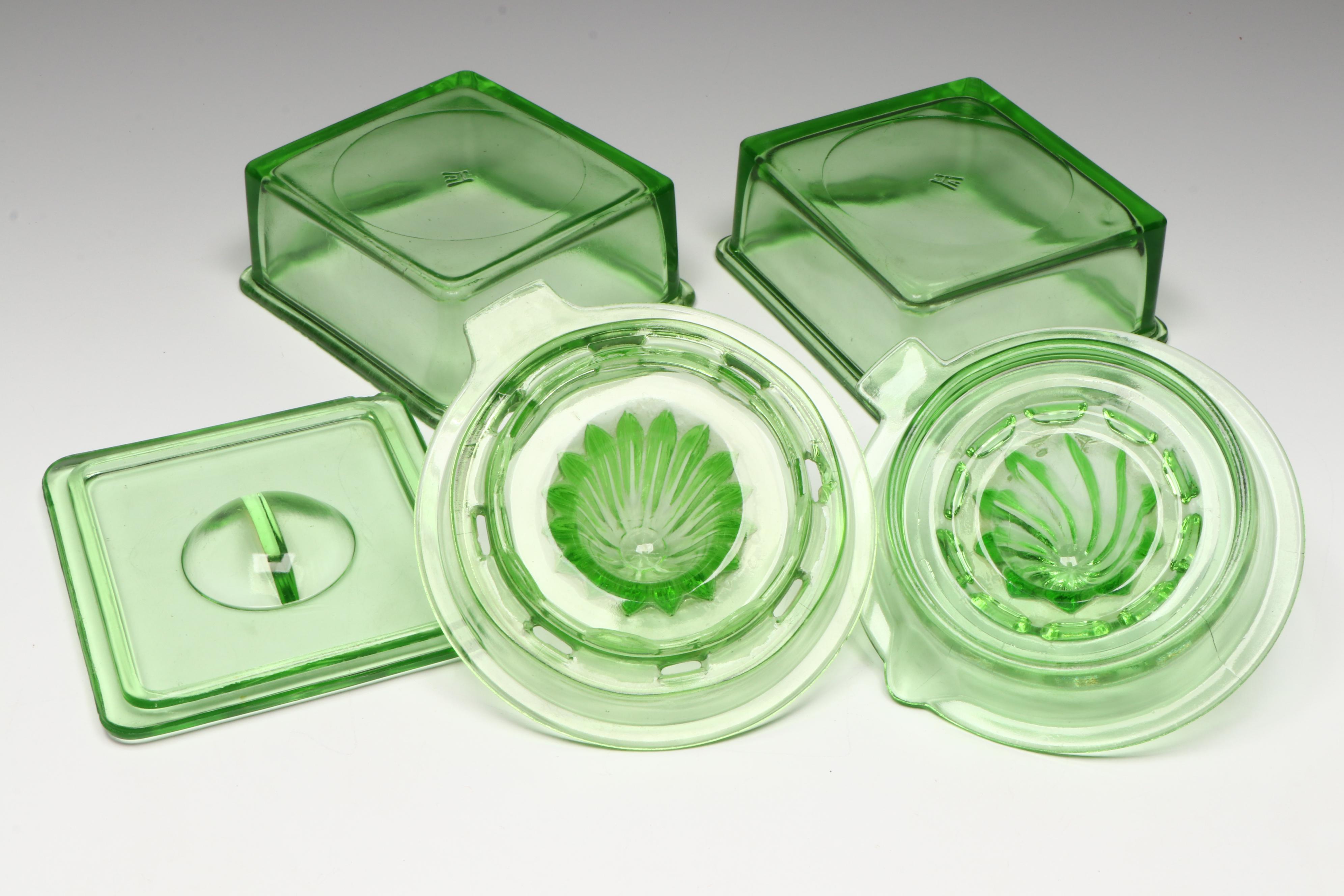 Hazel Atlas and Other Art Deco Uranium Glass Refrigerator Dishes and Kitchenware