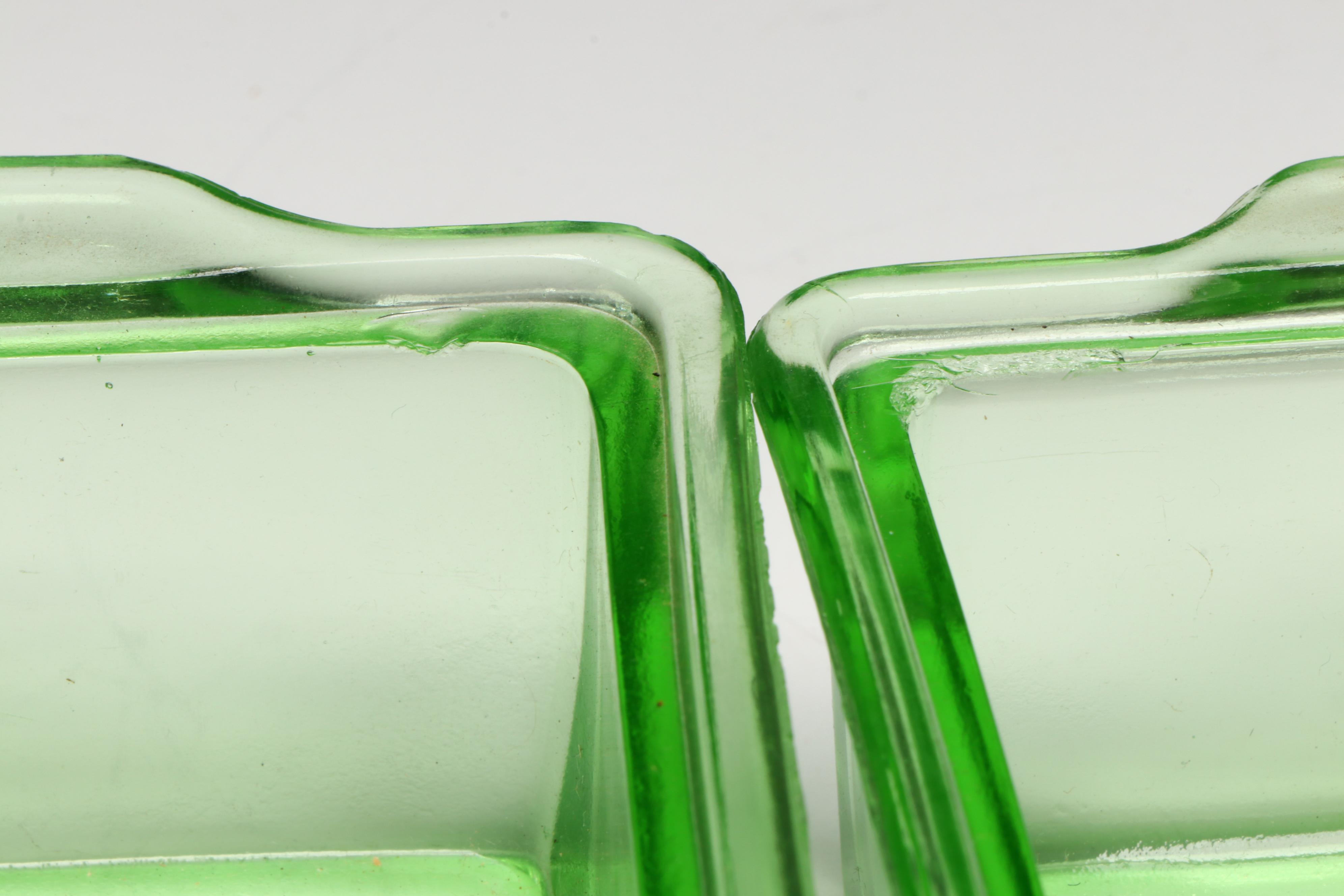 Hazel Atlas and Other Art Deco Uranium Glass Refrigerator Dishes and Kitchenware