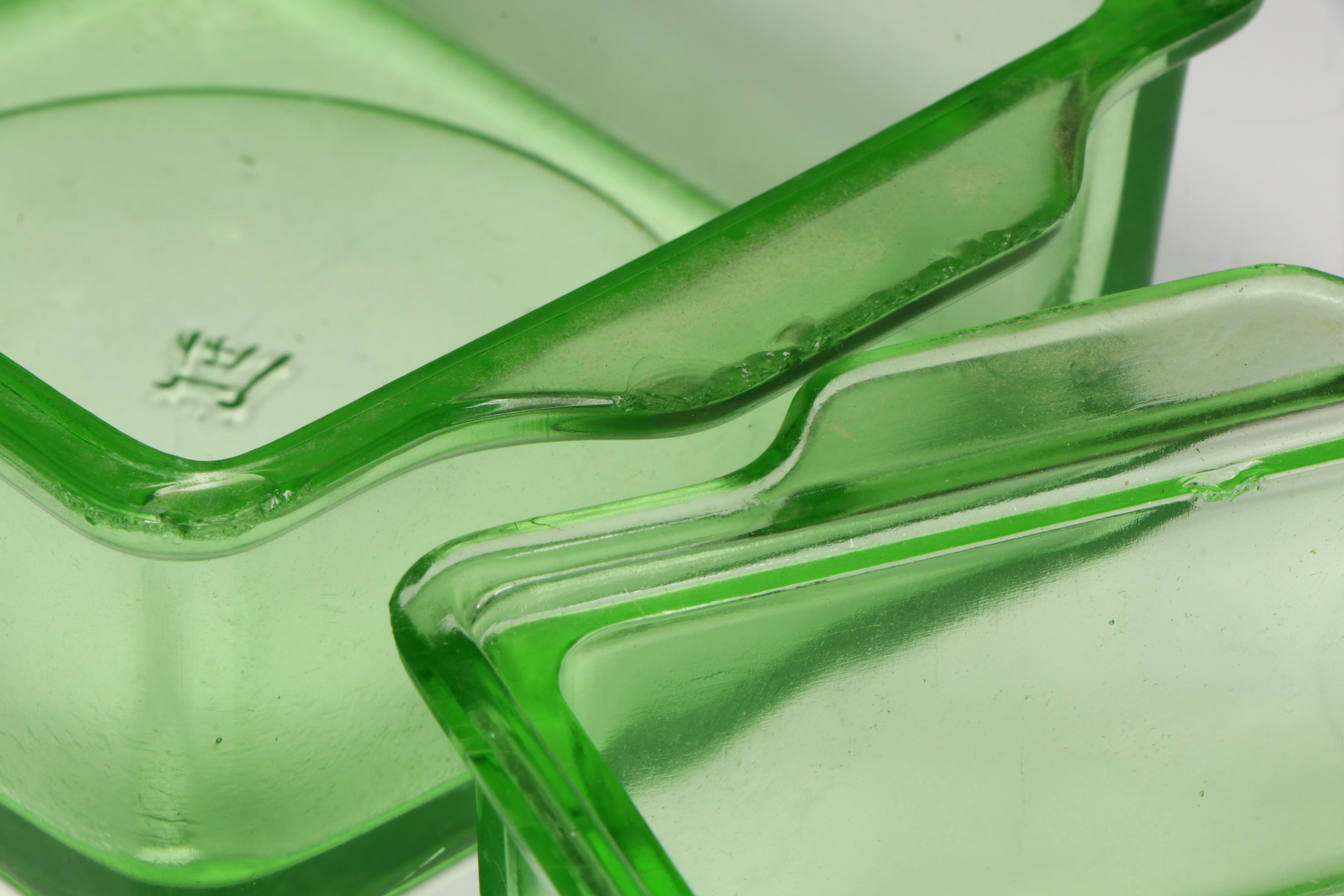 Hazel Atlas and Other Art Deco Uranium Glass Refrigerator Dishes and Kitchenware