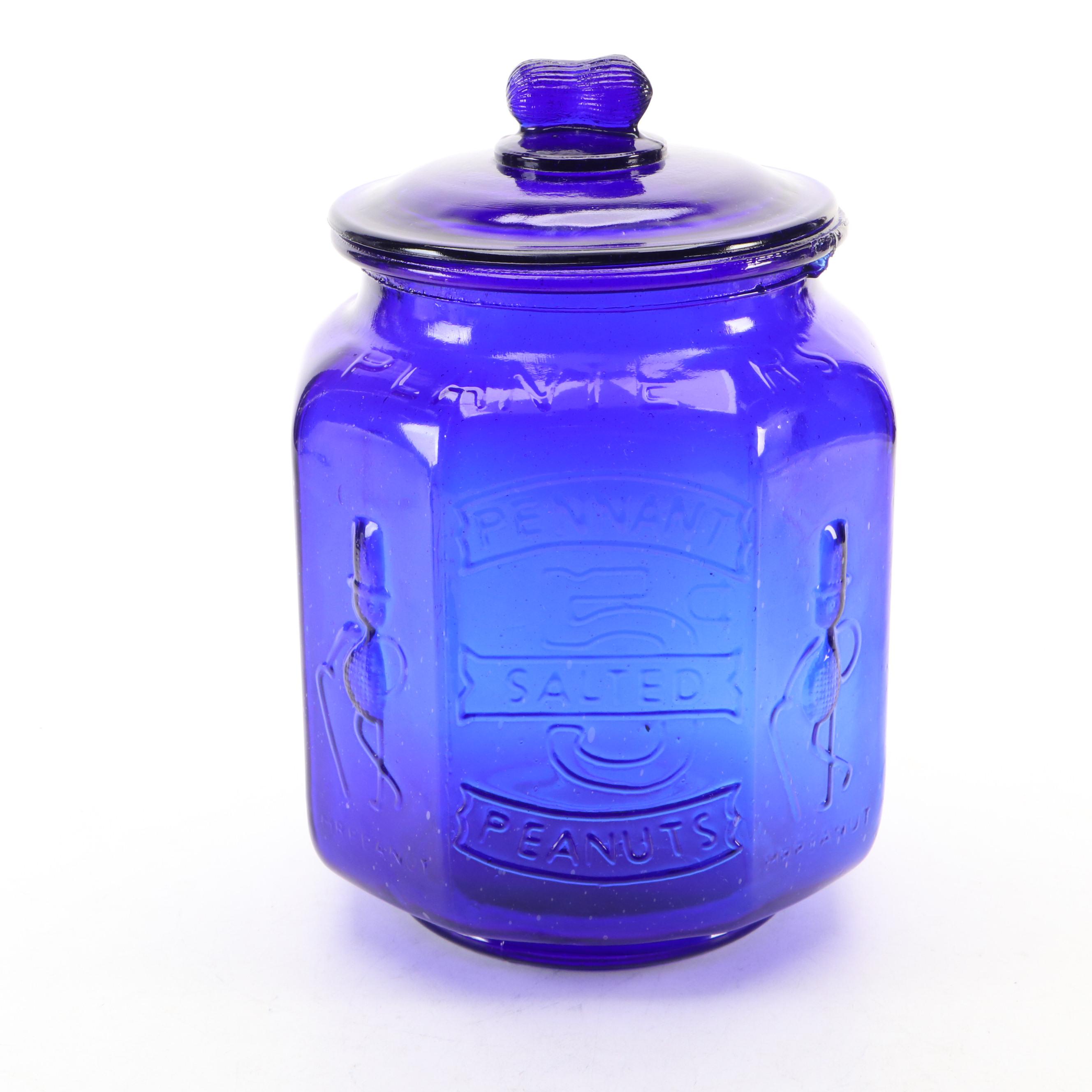 Vintage Planters Peanuts Cobalt Glass Jar with Mr. Peanut Shakers
