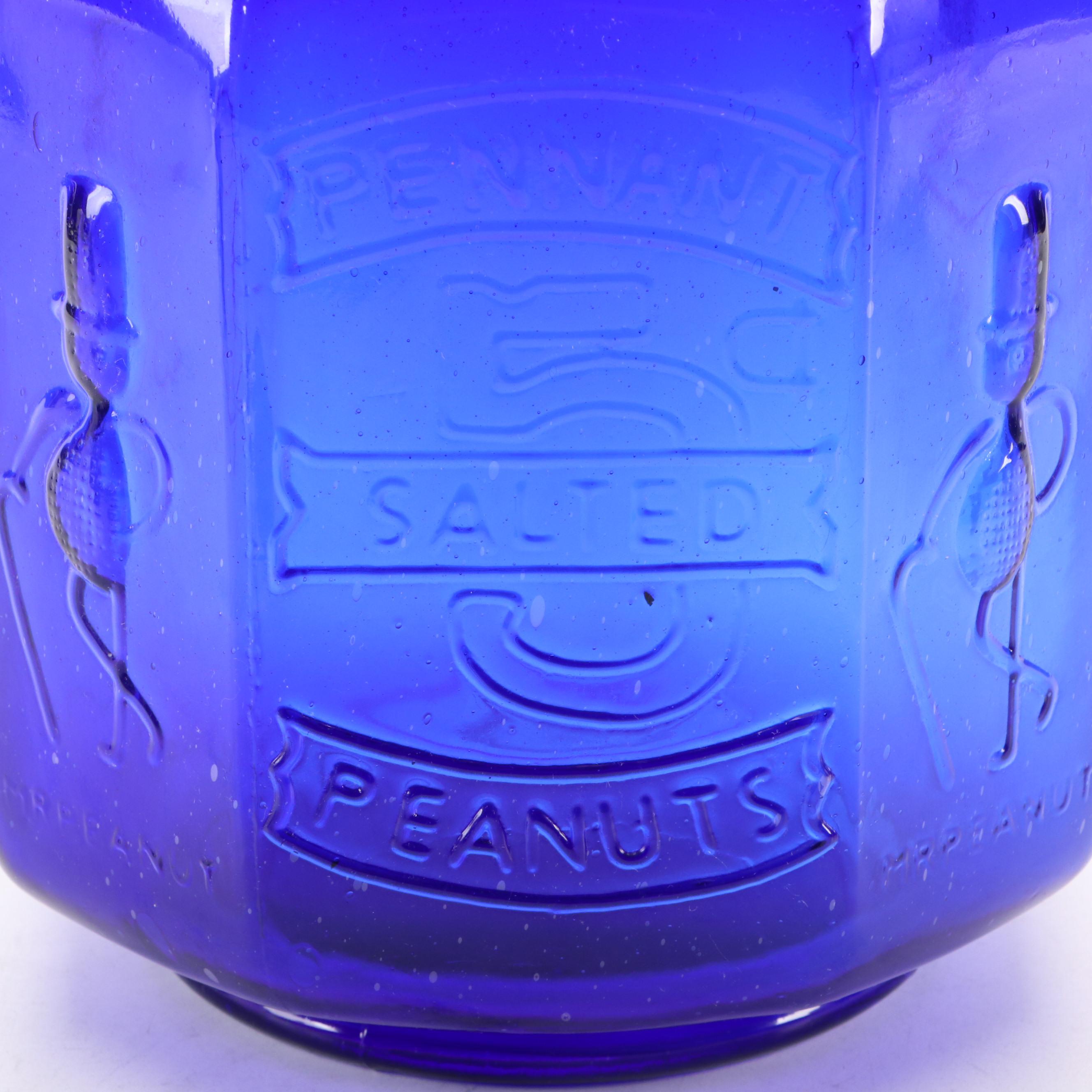 Vintage Planters Peanuts Cobalt Glass Jar with Mr. Peanut Shakers