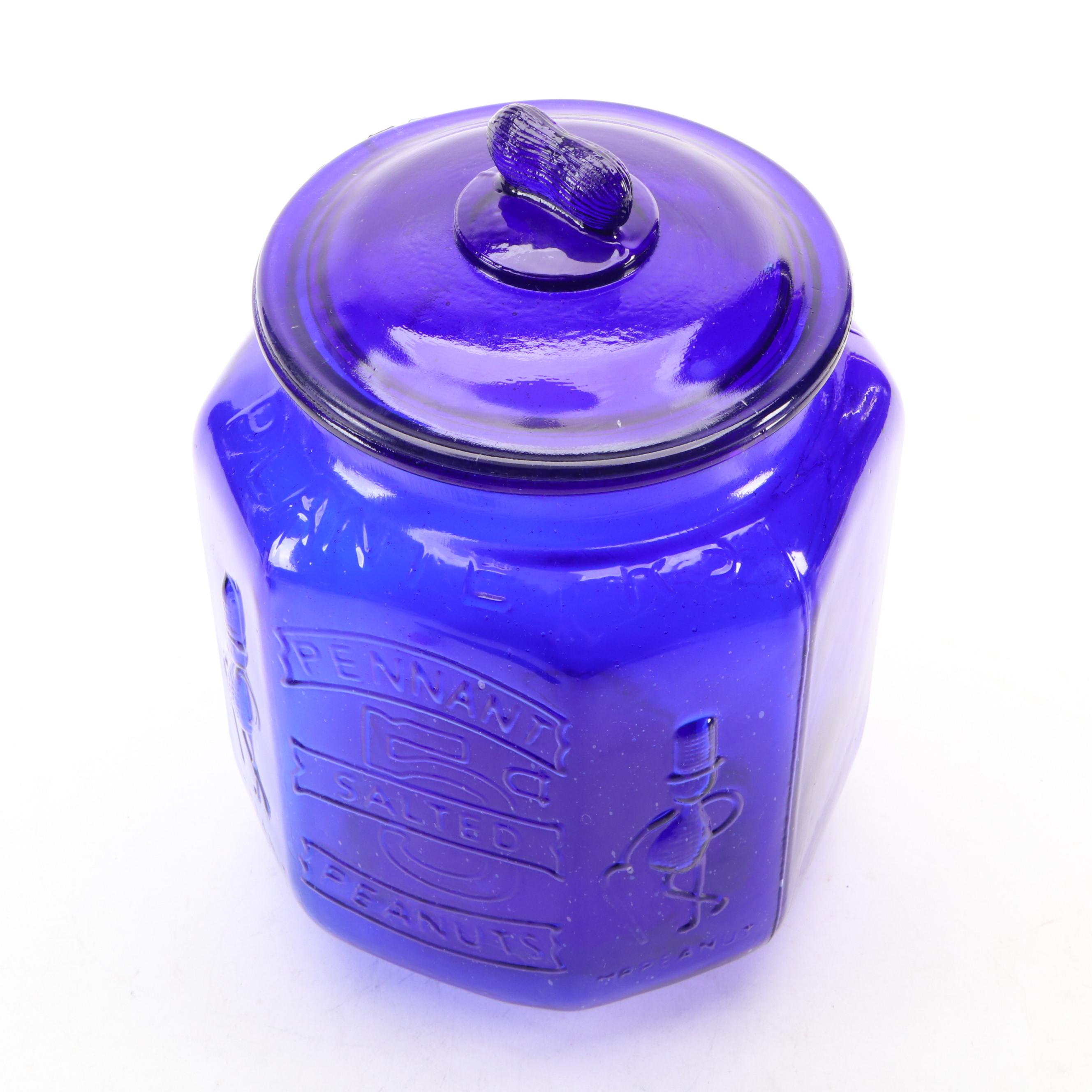 Vintage Planters Peanuts Cobalt Glass Jar with Mr. Peanut Shakers