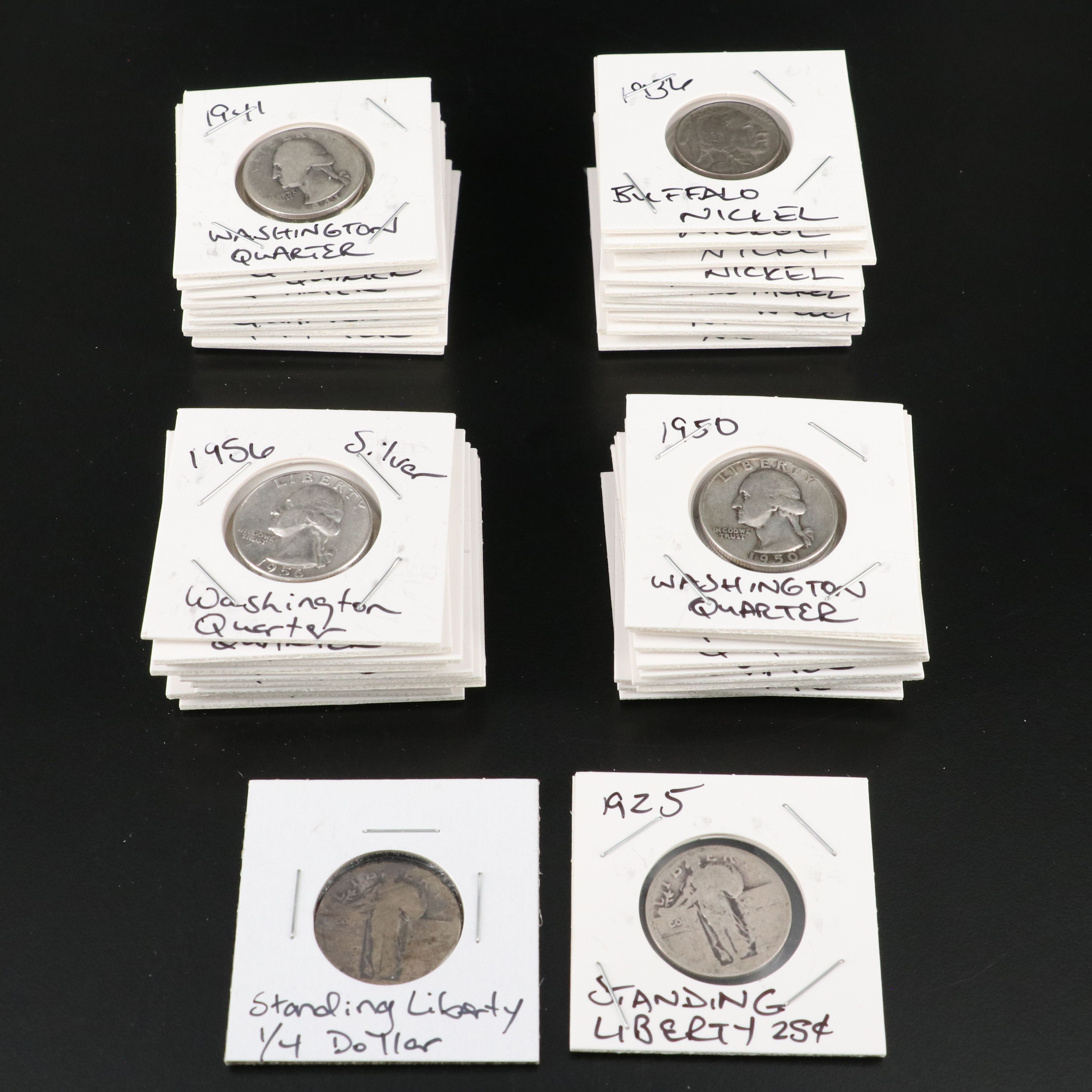 Thirty-Two U.S. Silver Quarters and Twelve Buffalo Nickels