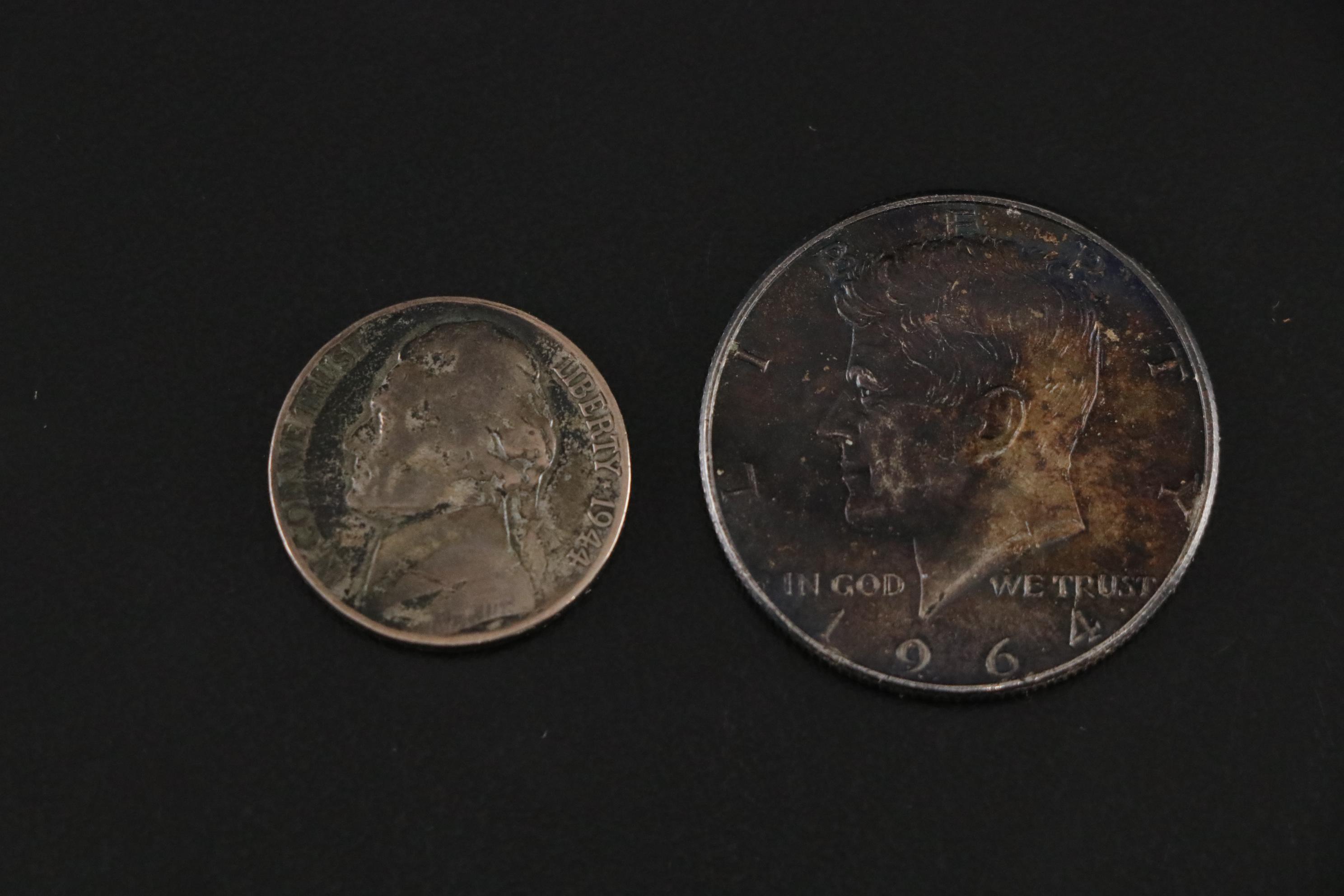 Three Peace Dollars, One 1964 Kennedy Half Dollar, and Other US Coins