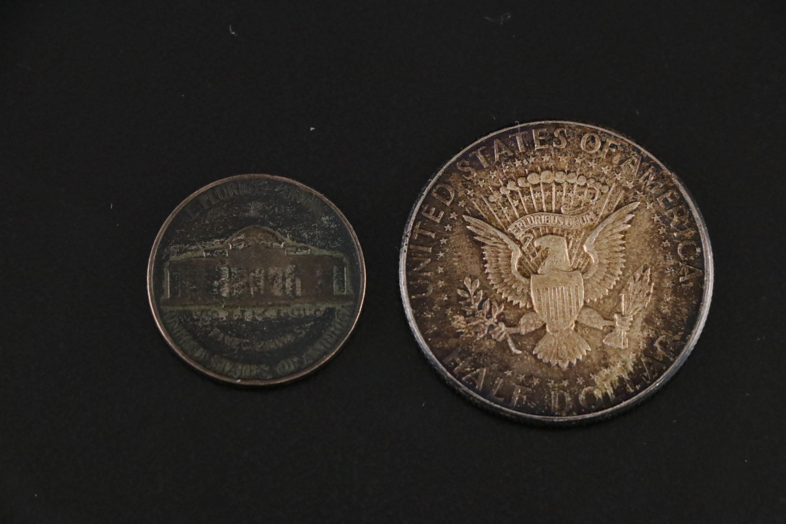 Three Peace Dollars, One 1964 Kennedy Half Dollar, and Other US Coins