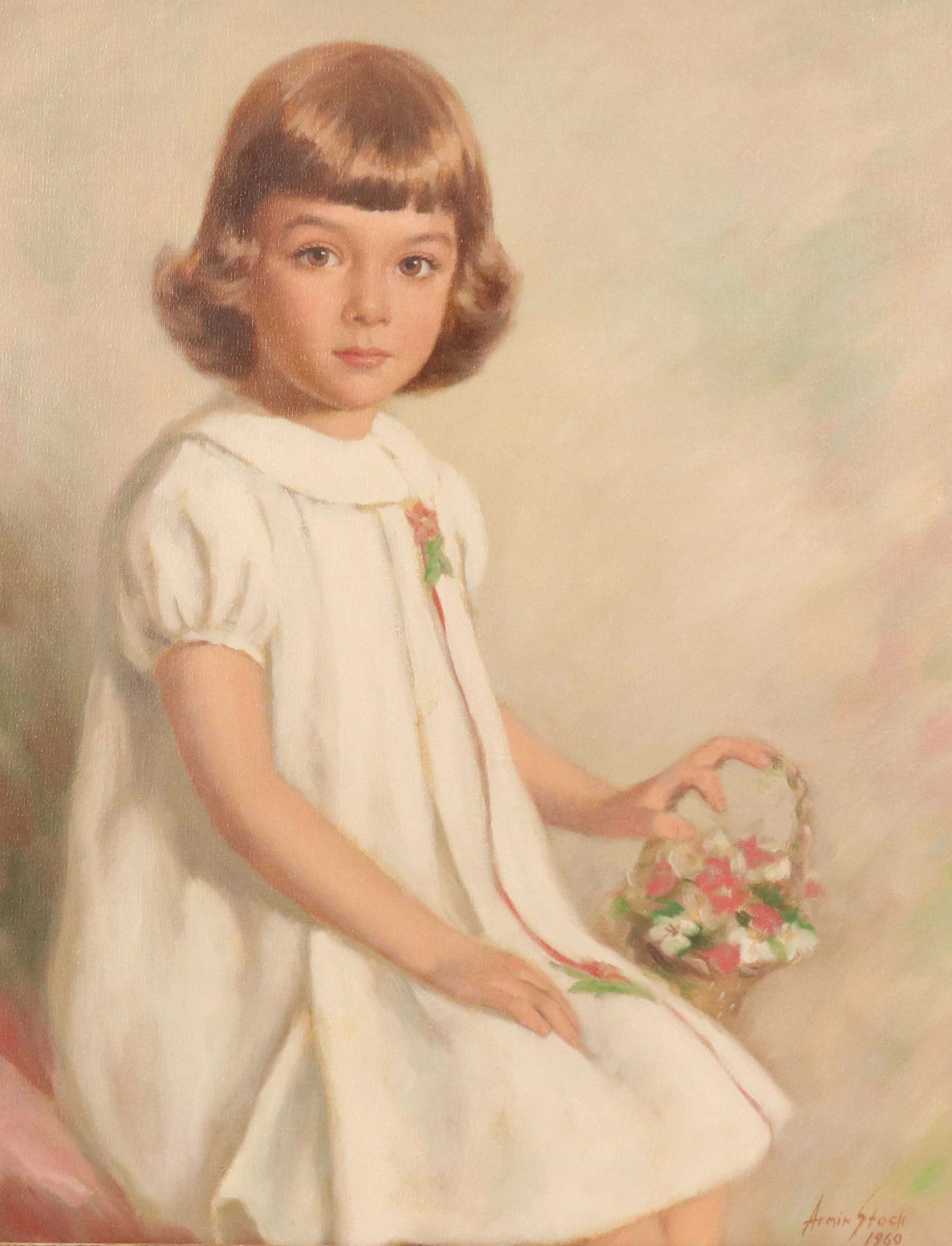 Armin Stock Oil Portrait Painting of Girl With Flower Basket, 1960