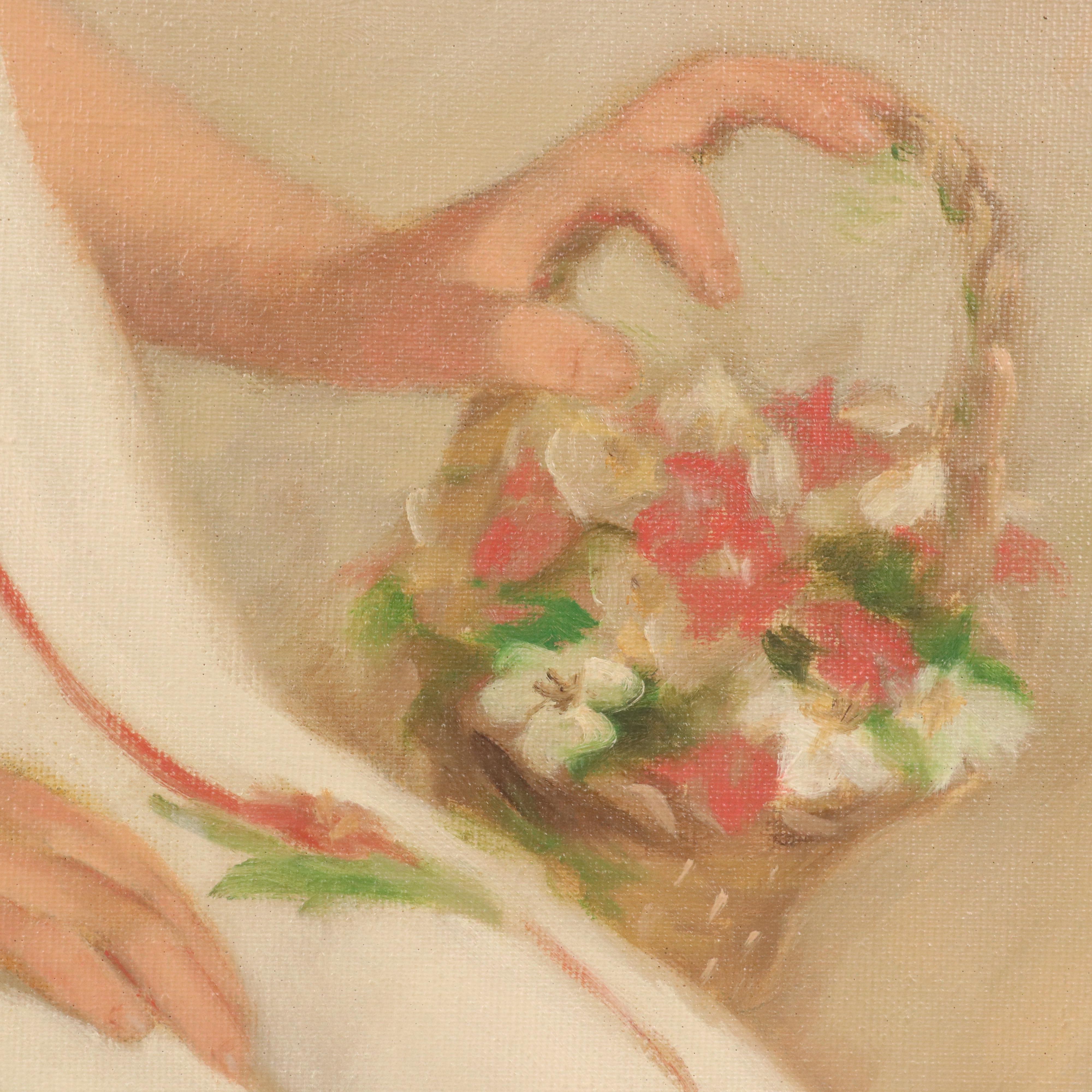 Armin Stock Oil Portrait Painting of Girl With Flower Basket, 1960