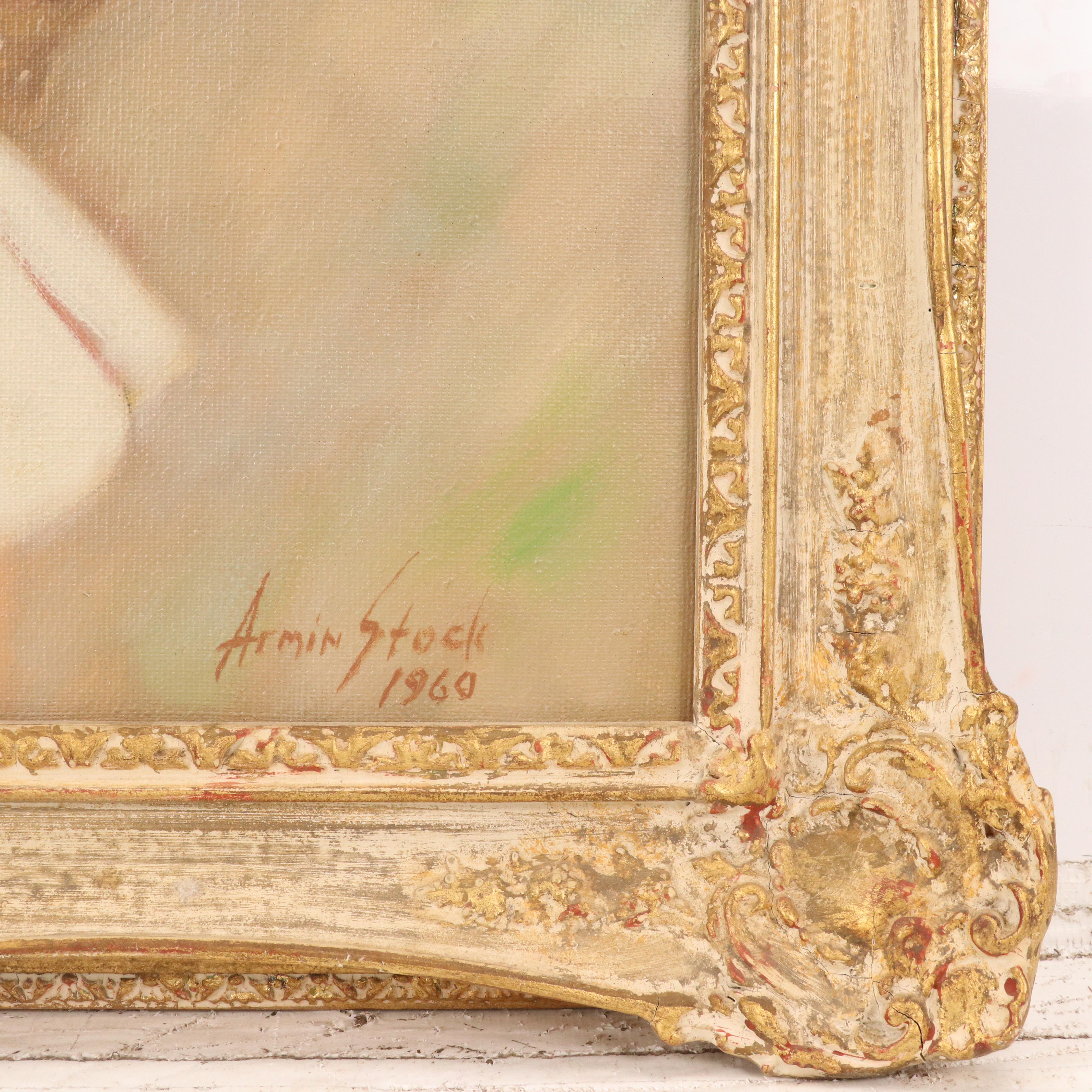 Armin Stock Oil Portrait Painting of Girl With Flower Basket, 1960