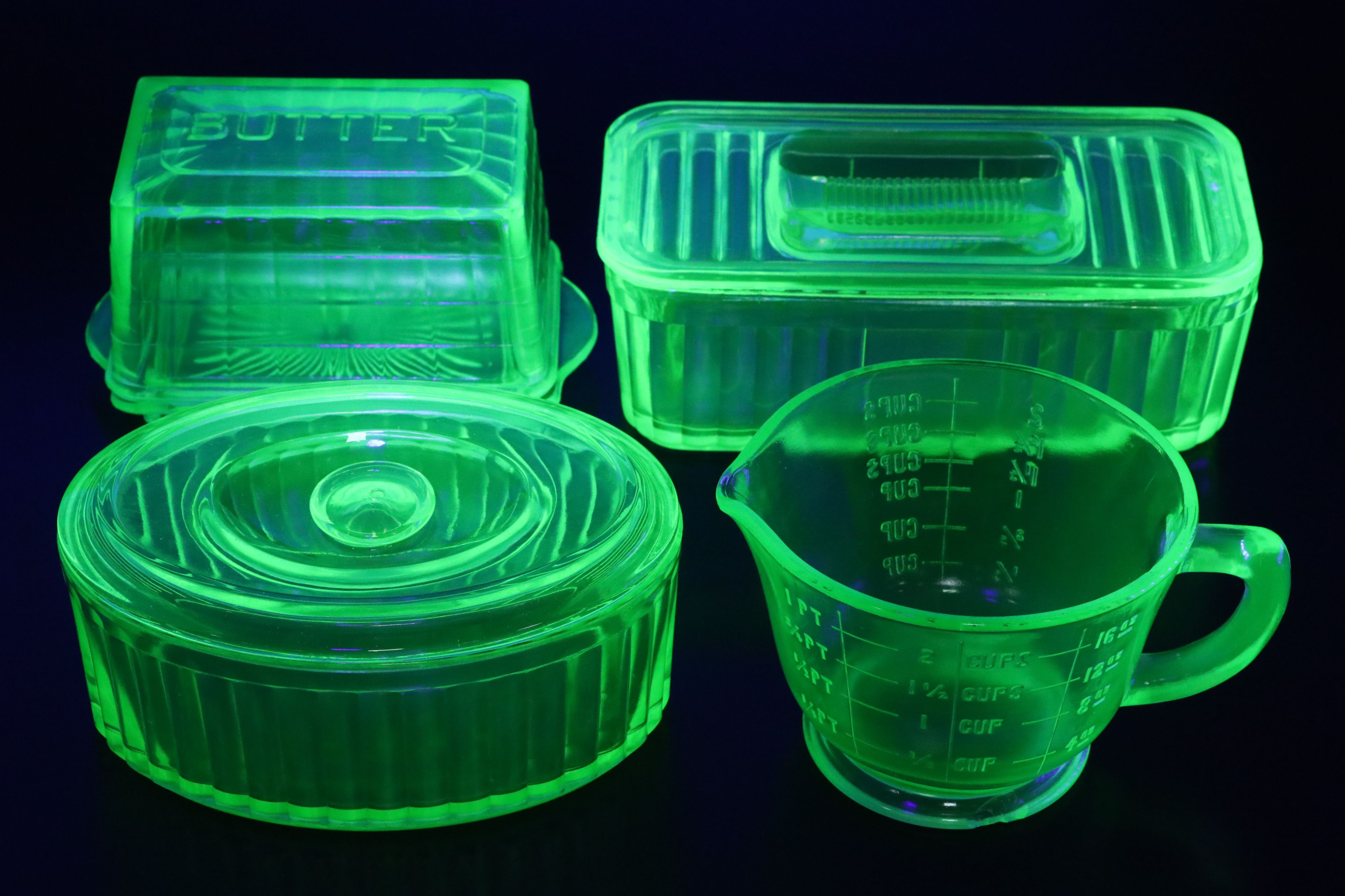 Hazel Atlas and Other Art Deco Uranium Glass Refrigerator Dishes and Kitchenware