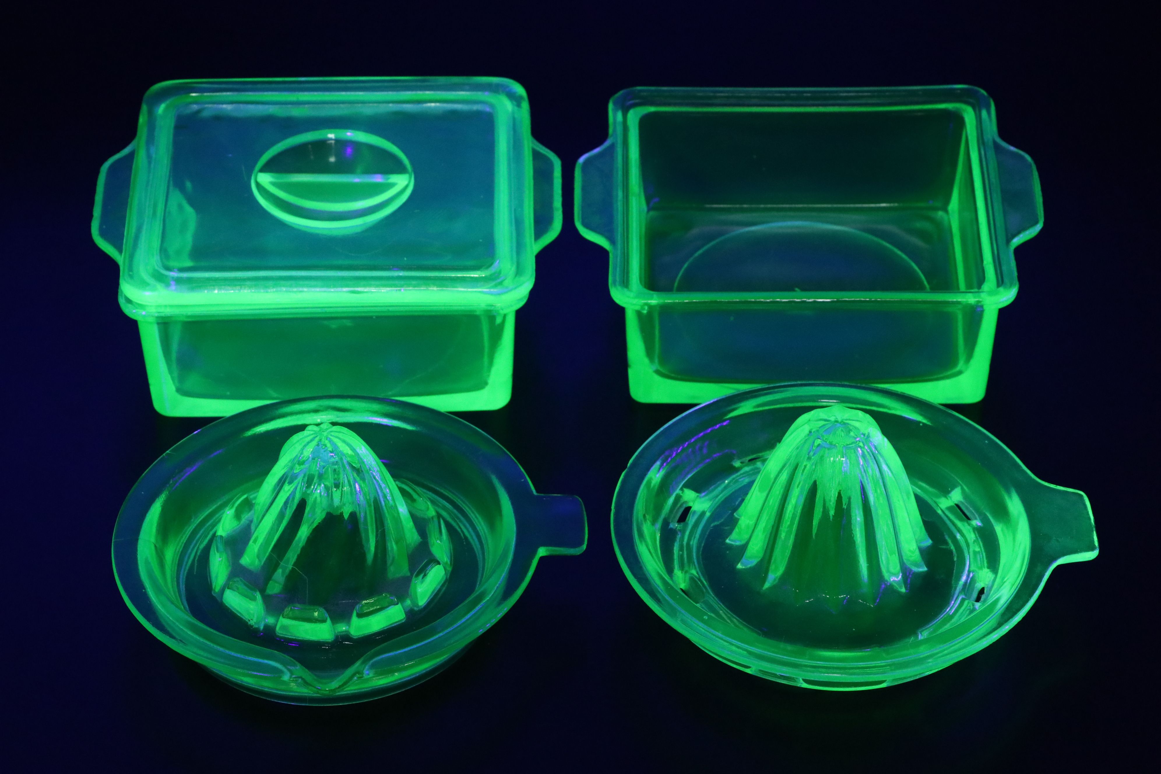 Hazel Atlas and Other Art Deco Uranium Glass Refrigerator Dishes and Kitchenware