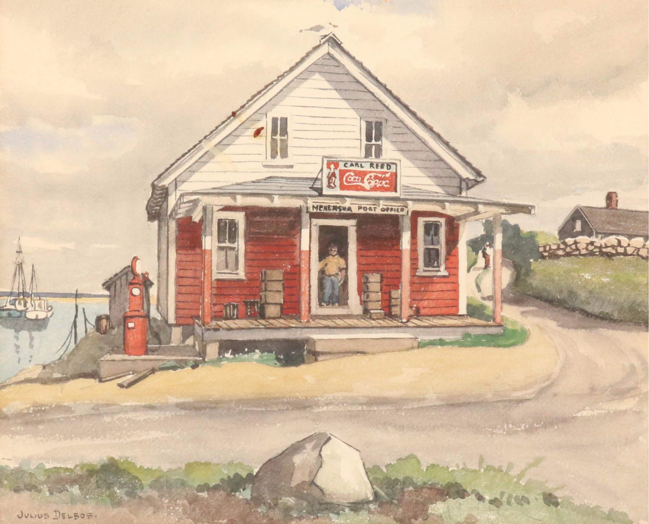 Julius Delbos Coastal Watercolor Painting of Menemsha Post Office