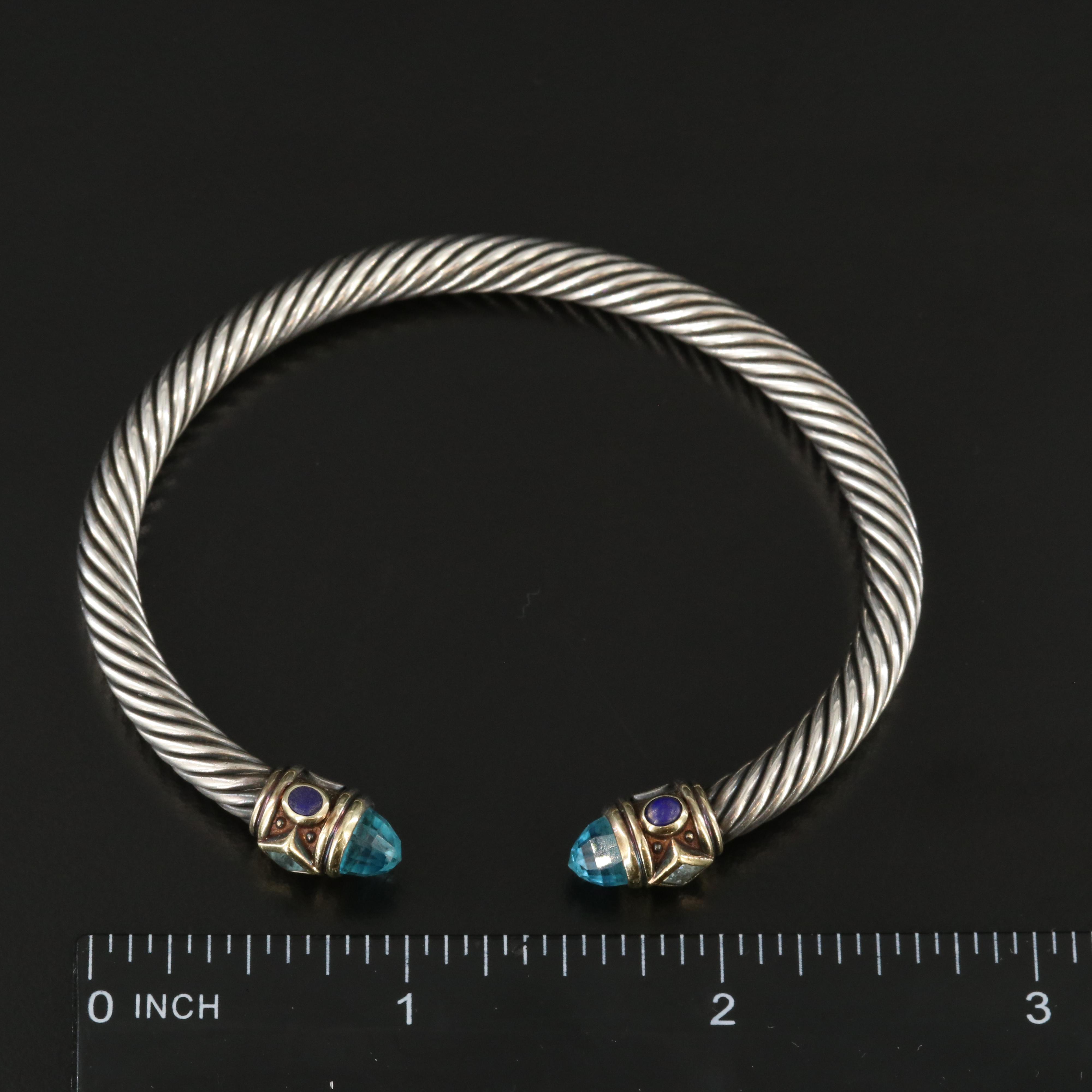 David Yurman Renaissance Sterling, 14K Blue Topaz and Lapis Cable Cuff Bracelet