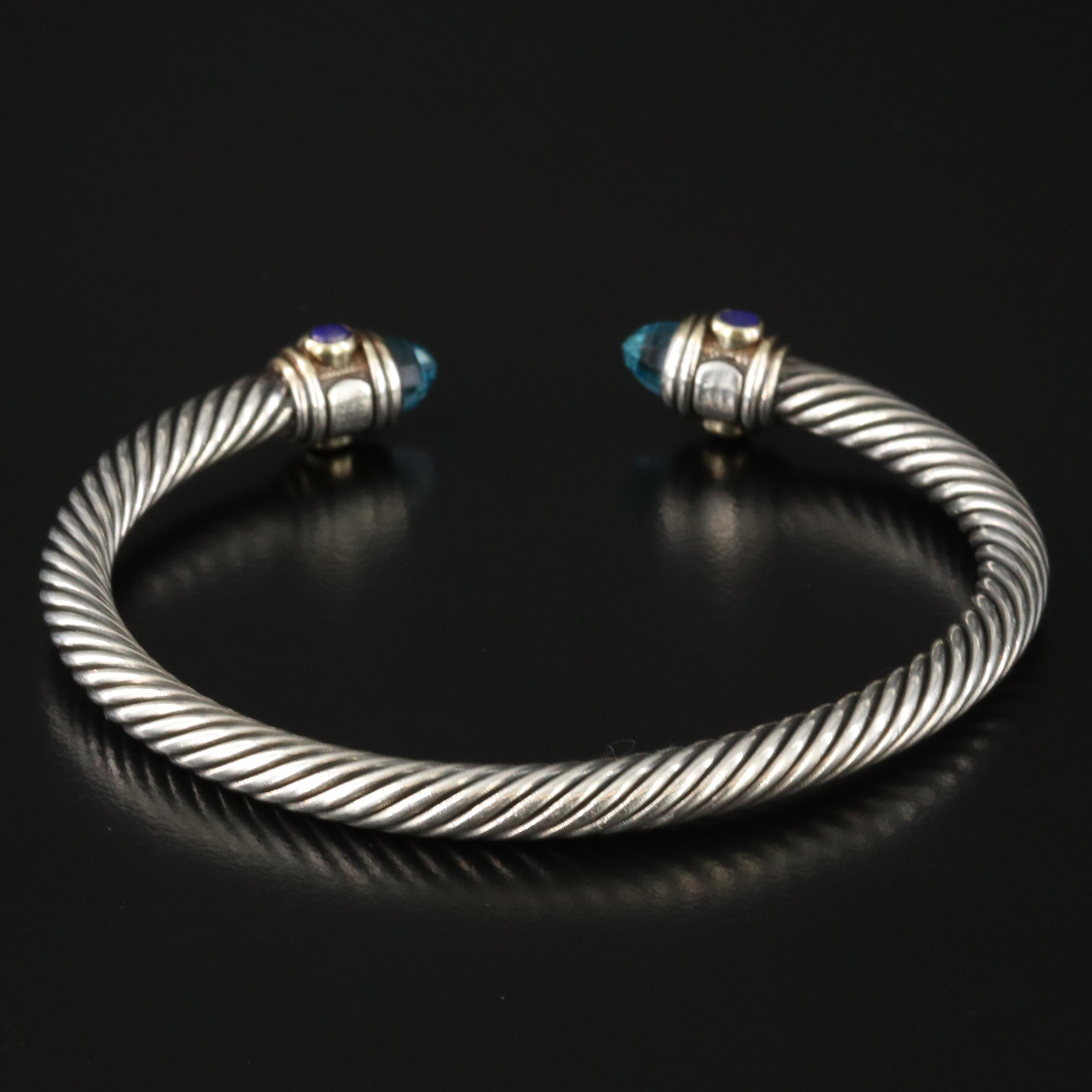 David Yurman Renaissance Sterling, 14K Blue Topaz and Lapis Cable Cuff Bracelet