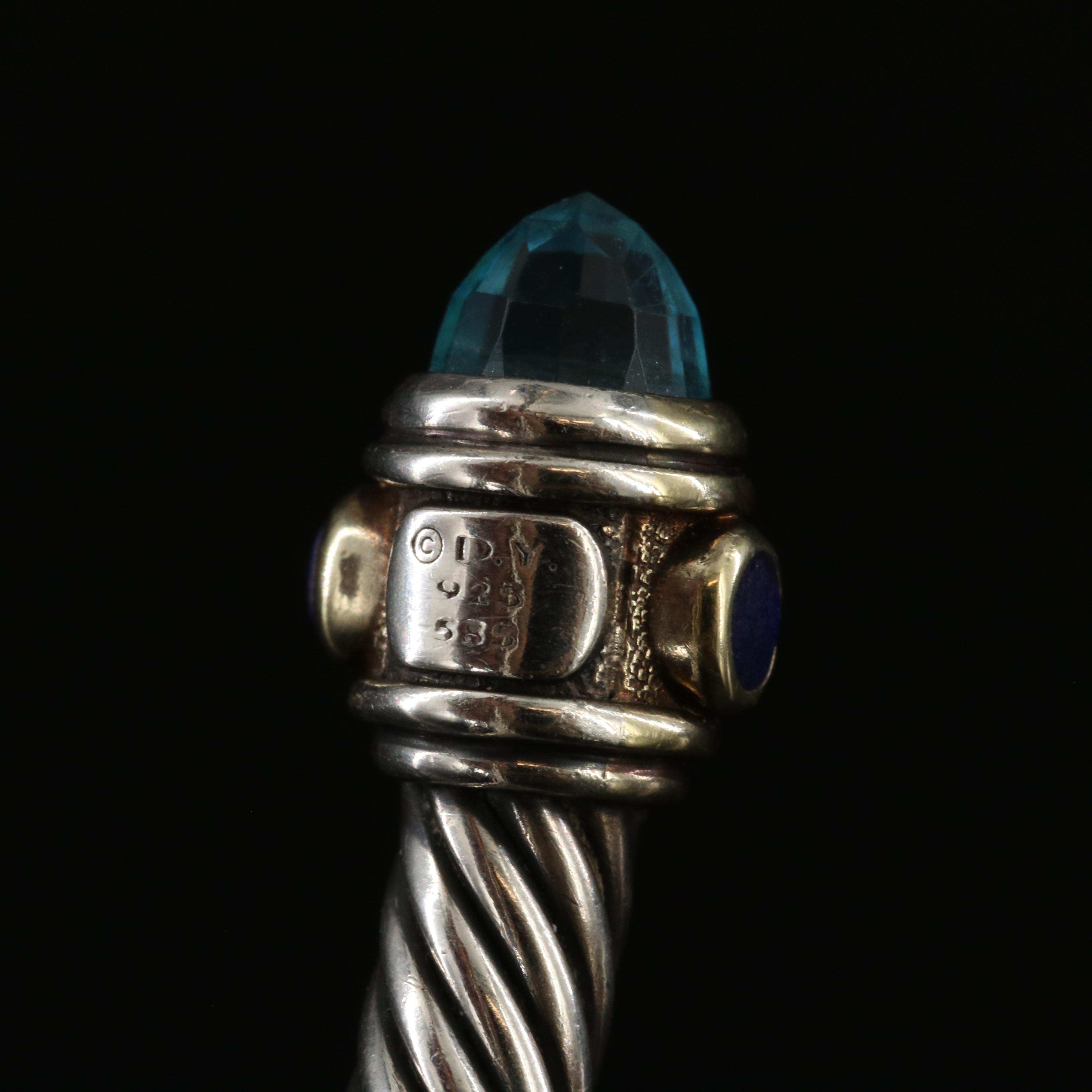 David Yurman Renaissance Sterling, 14K Blue Topaz and Lapis Cable Cuff Bracelet
