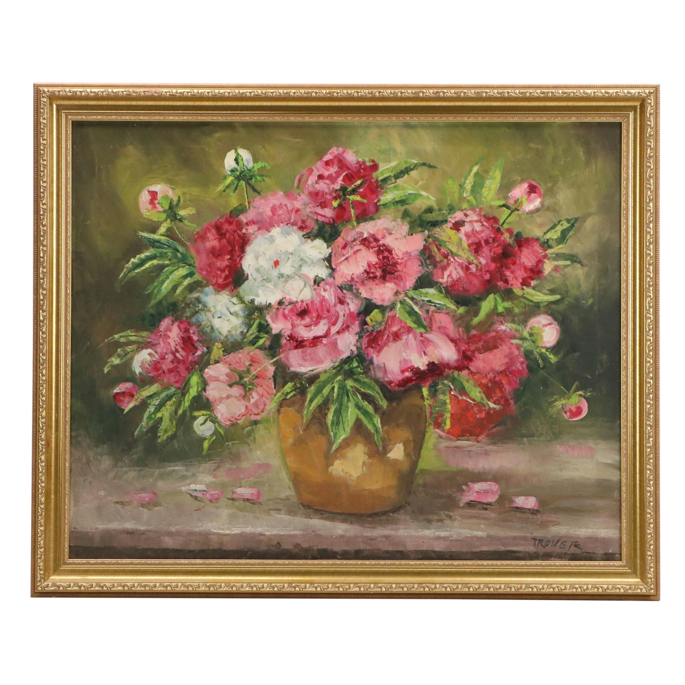 Joseph Trover Still Life Oil Painting "Pink Flowers," Mid-Late 20th Century