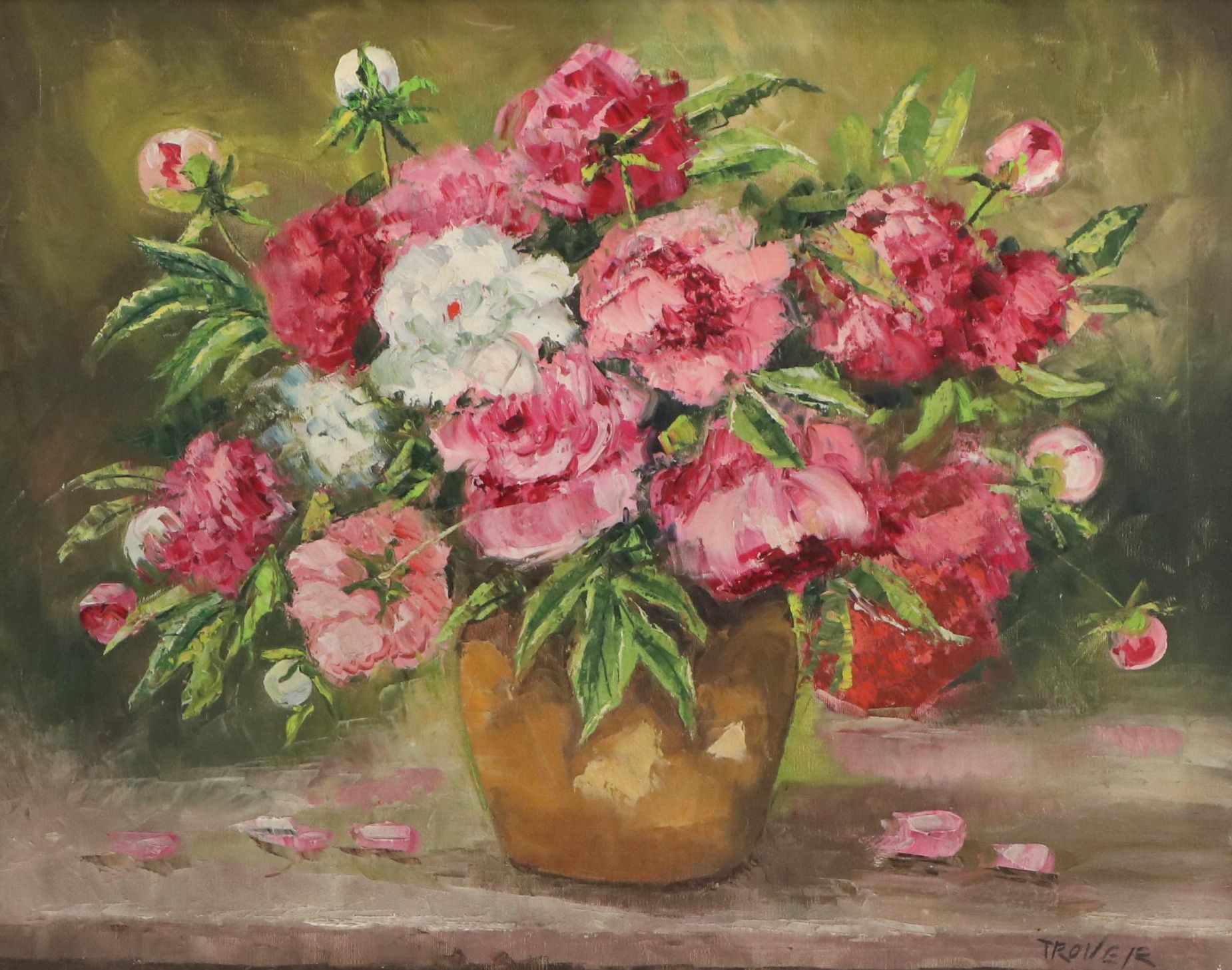 Joseph Trover Still Life Oil Painting "Pink Flowers," Mid-Late 20th Century