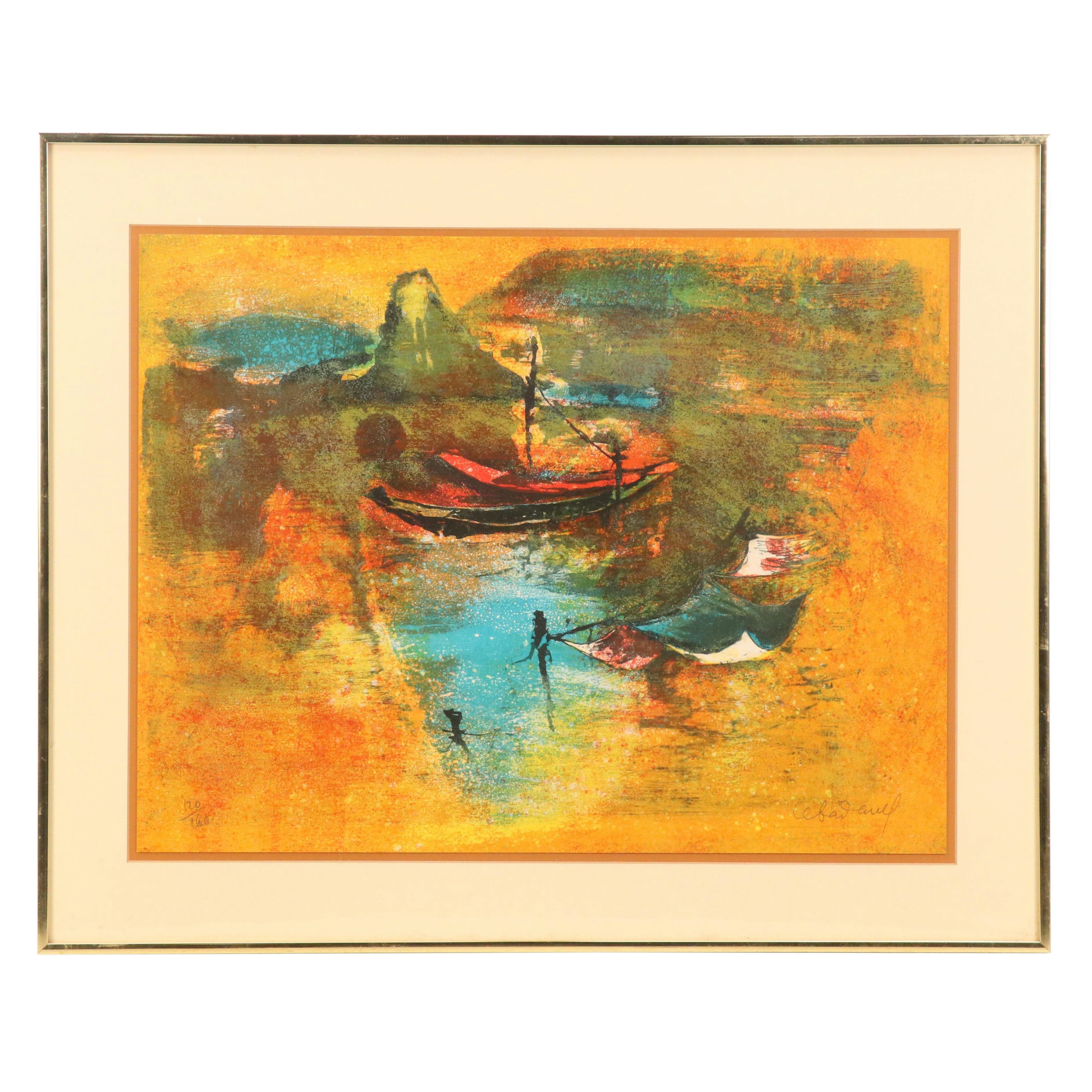 Hoi Lebadang Lithograph "Paysage du Vietnam - Pêcheur sur la Lagune"