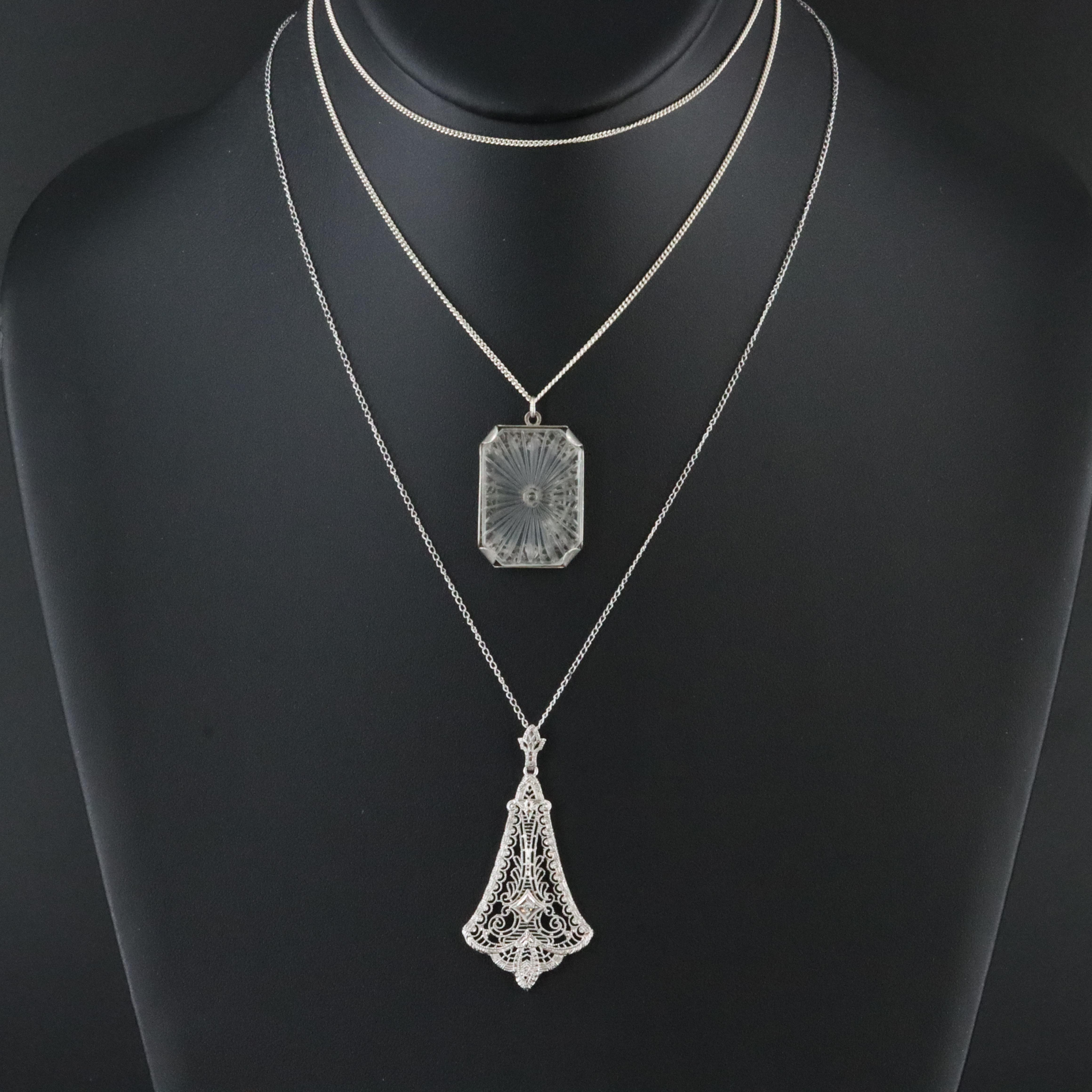 Shiman Mfg. Co. 10K 0.02 CT Diamond & Sterling Camphor Glass and Paste Necklaces