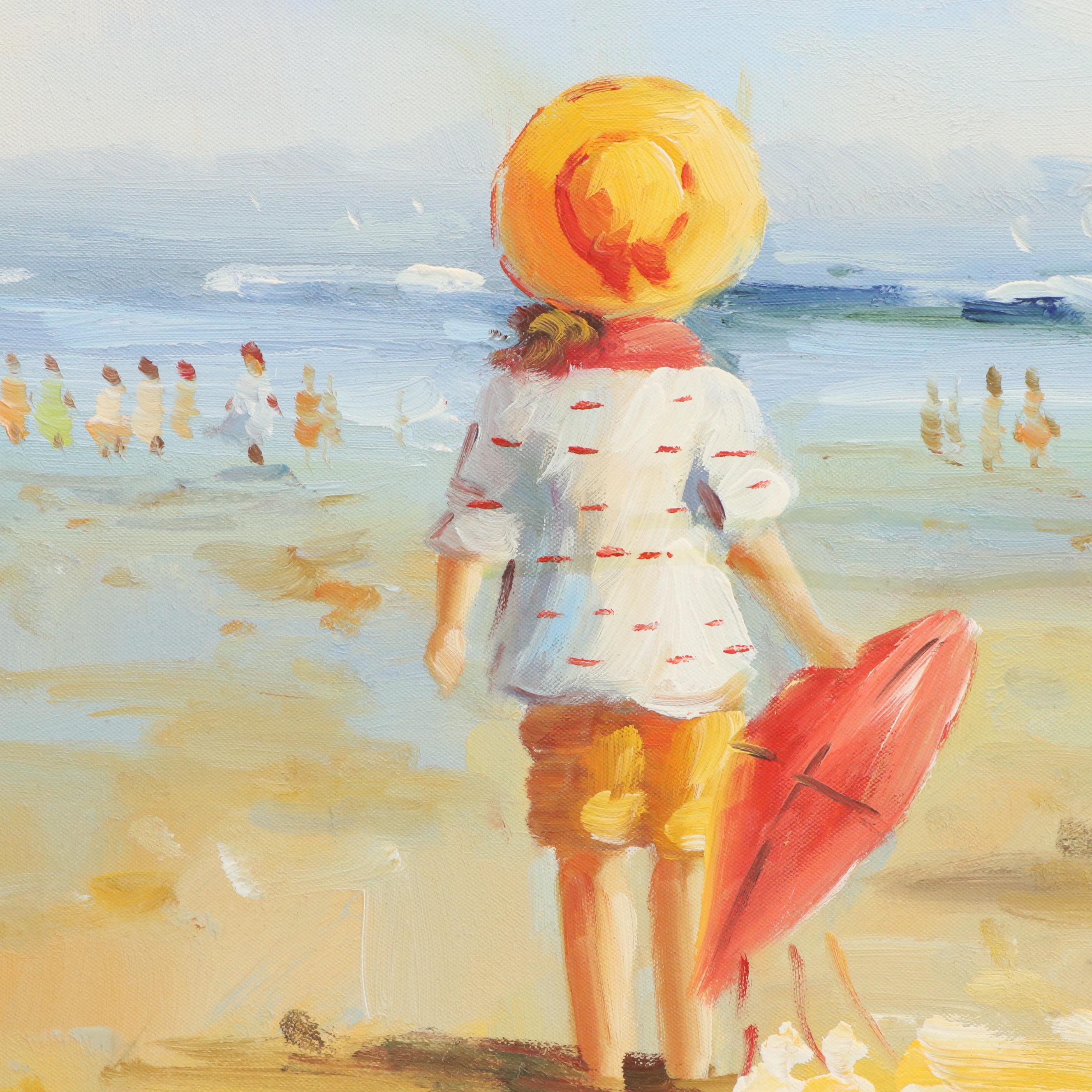 Oil Painting of Children Playing at Beach, Late 20th / 21st Century