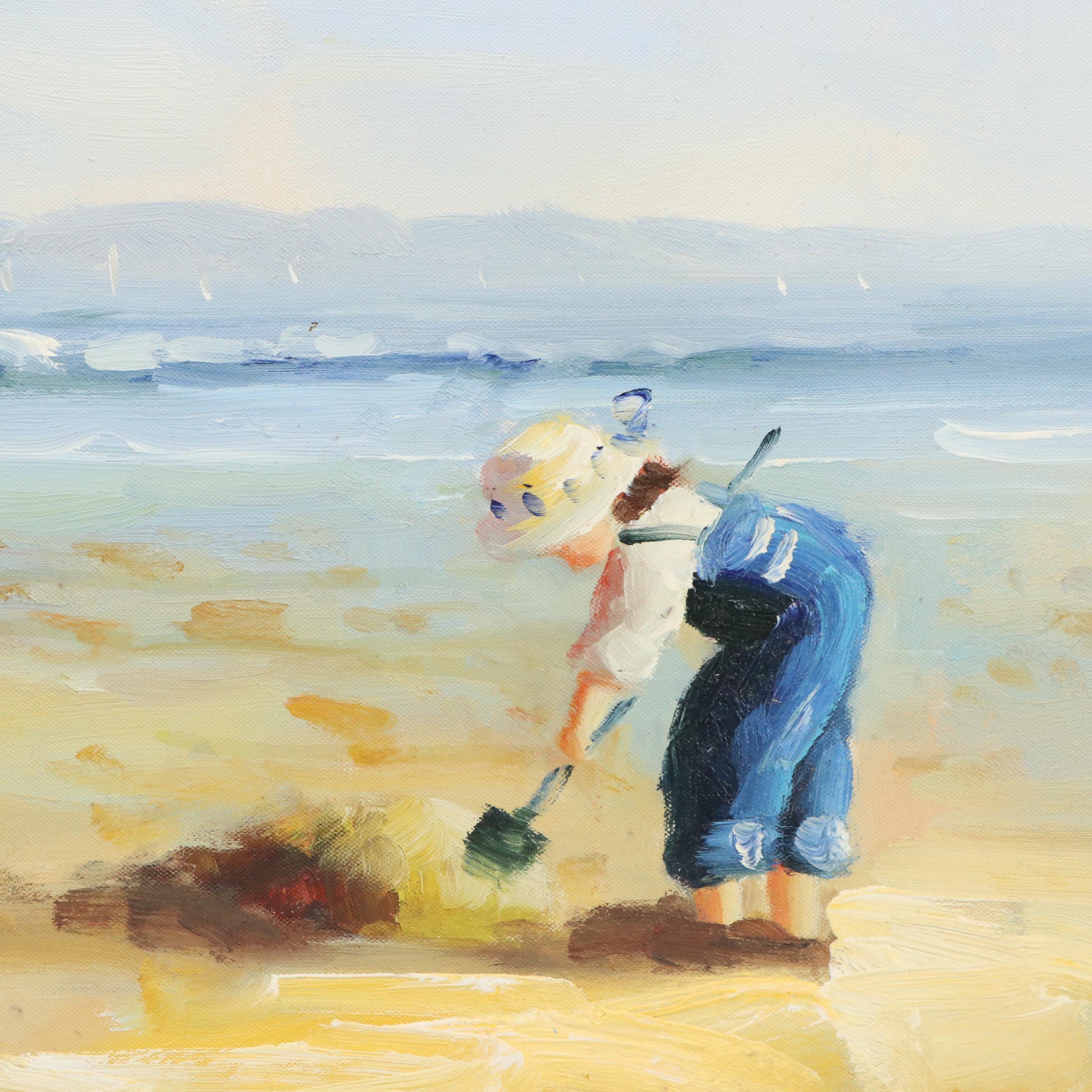 Oil Painting of Children Playing at Beach, Late 20th / 21st Century