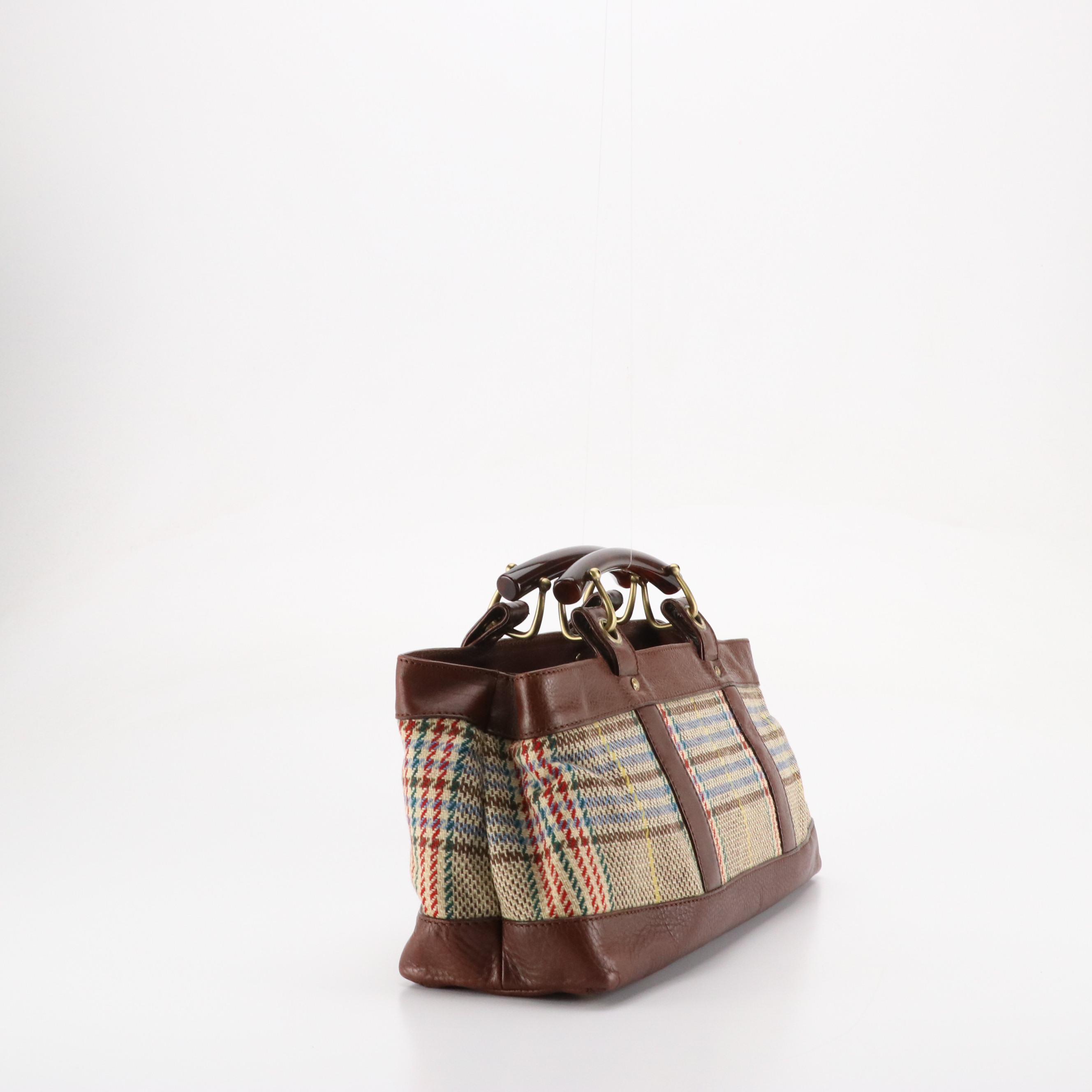 Burberry Multicolored Wool Tweed and Brown Leather Trim Handbag Tote