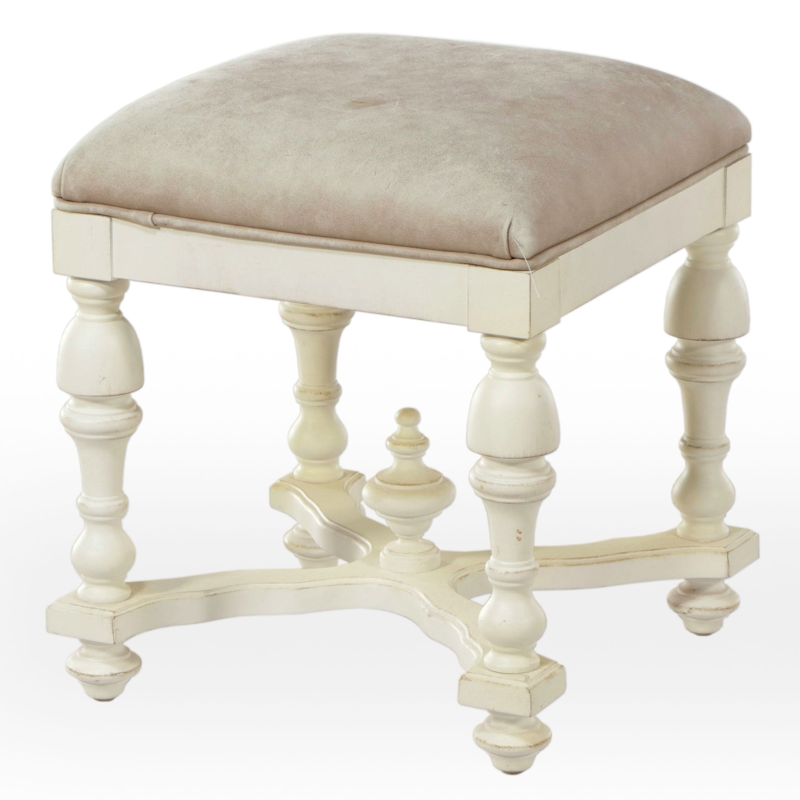 French Provincial Style Fabric Upholstered White-Painted Wood Ottoman