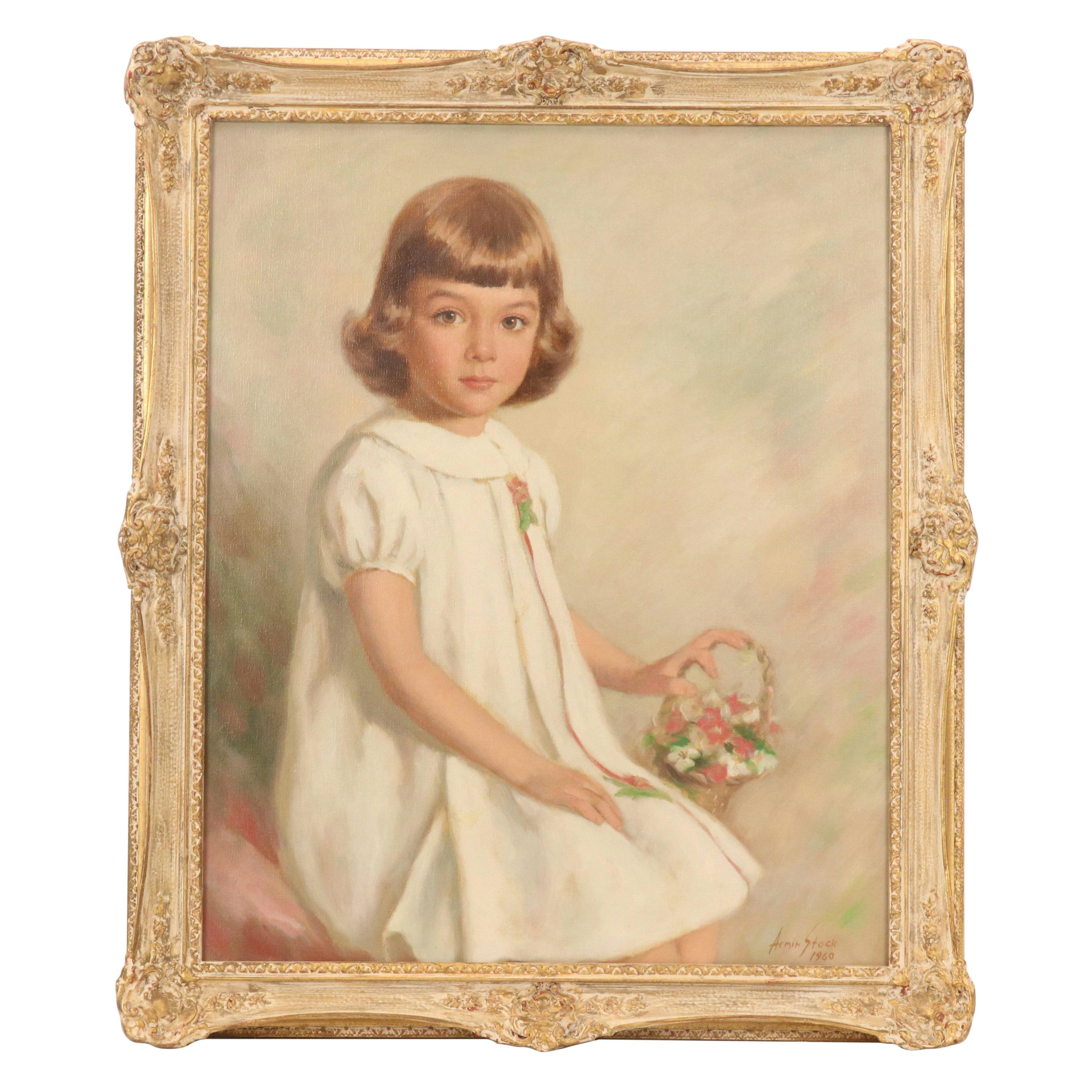 Armin Stock Oil Portrait Painting of Girl With Flower Basket, 1960