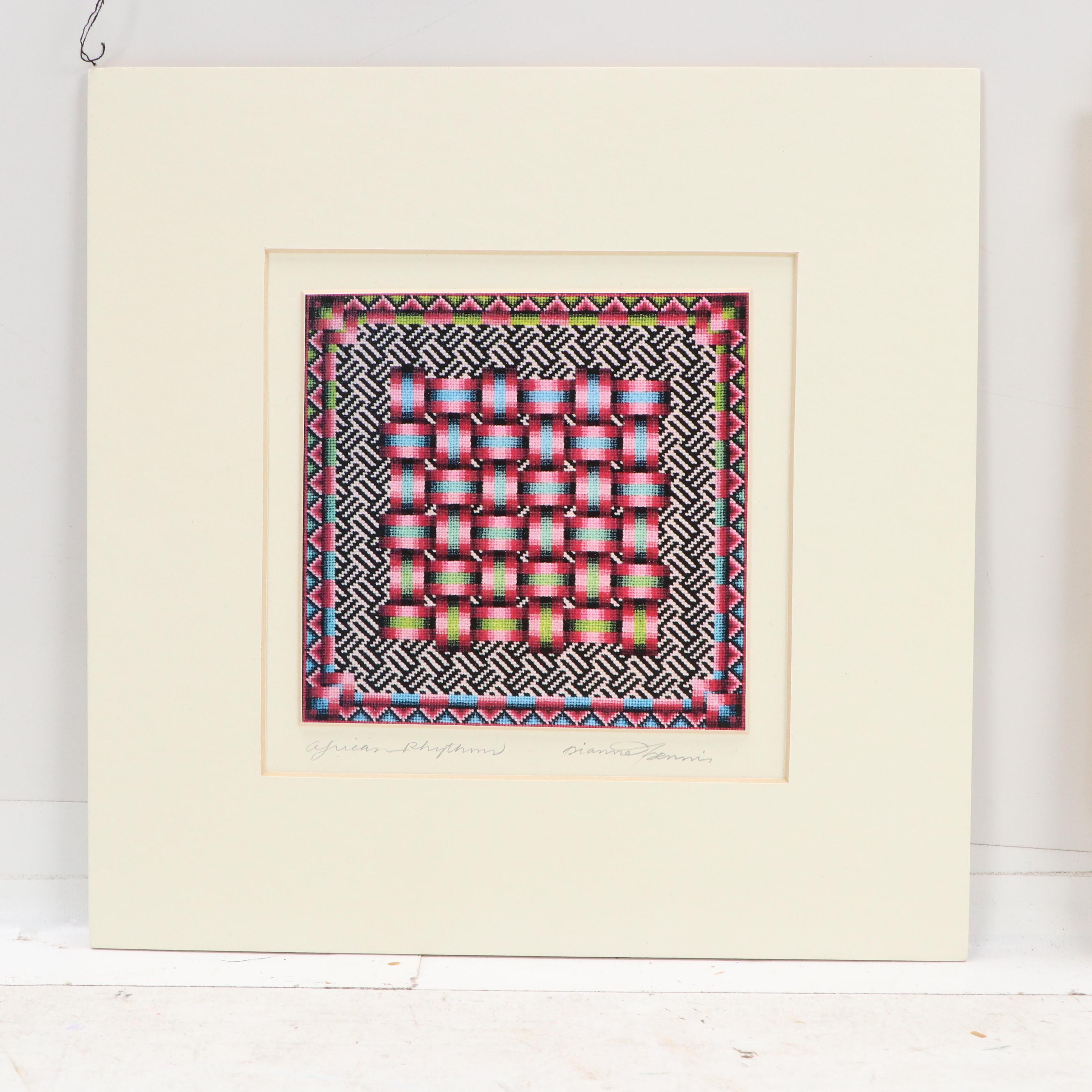 Embroidered Textiles and Dianne Dennis Photomechanical Print "African Rhythms"