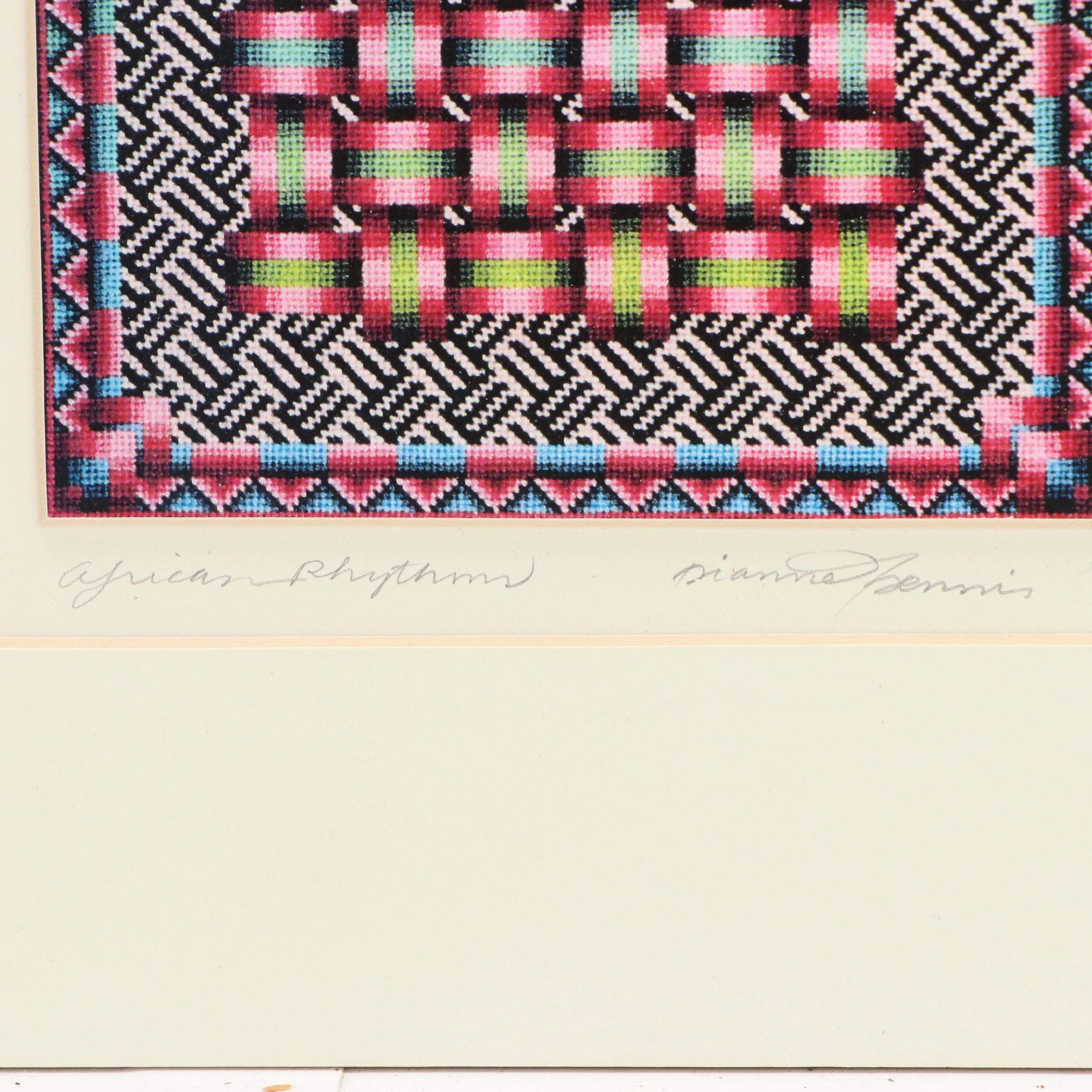 Embroidered Textiles and Dianne Dennis Photomechanical Print "African Rhythms"