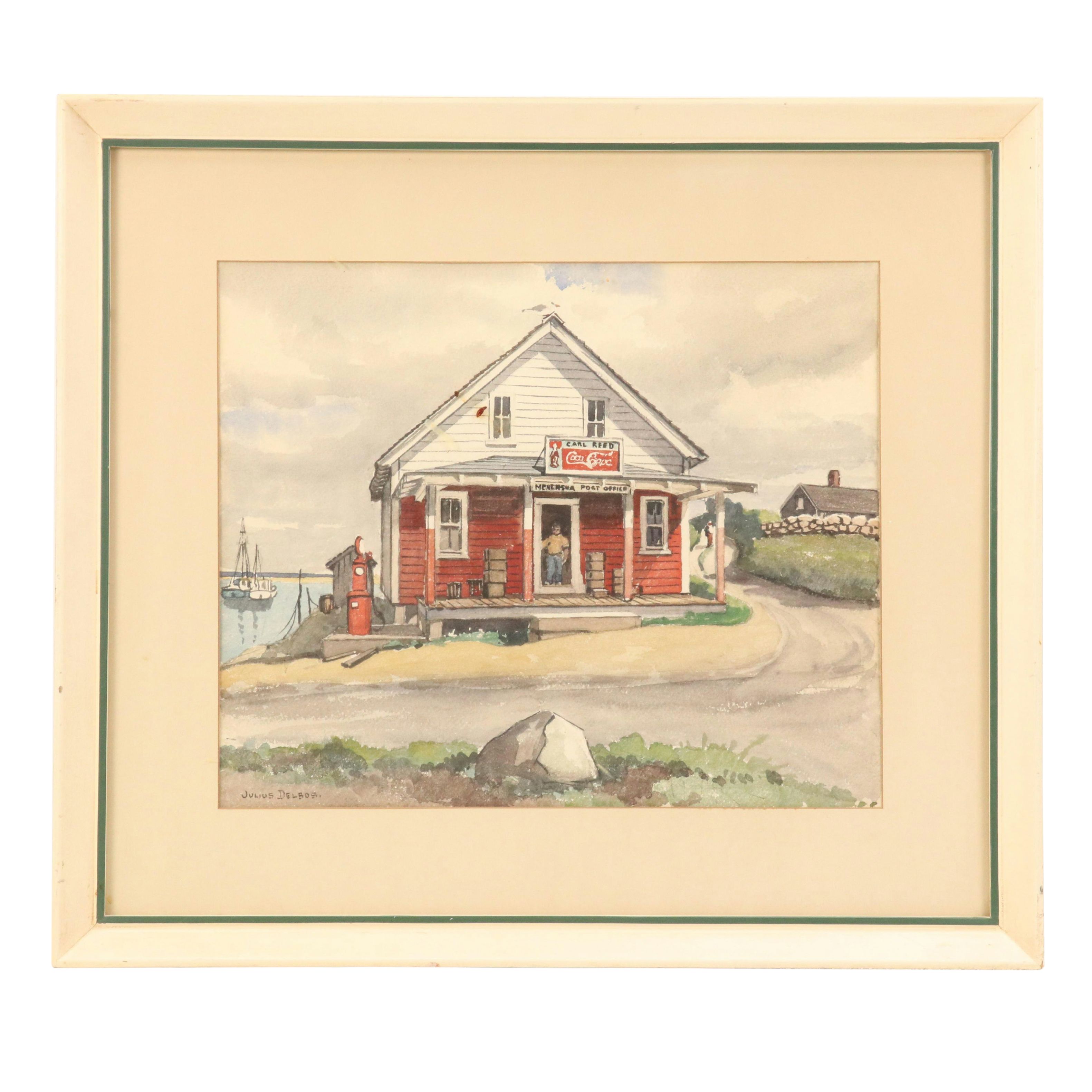 Julius Delbos Coastal Watercolor Painting of Menemsha Post Office