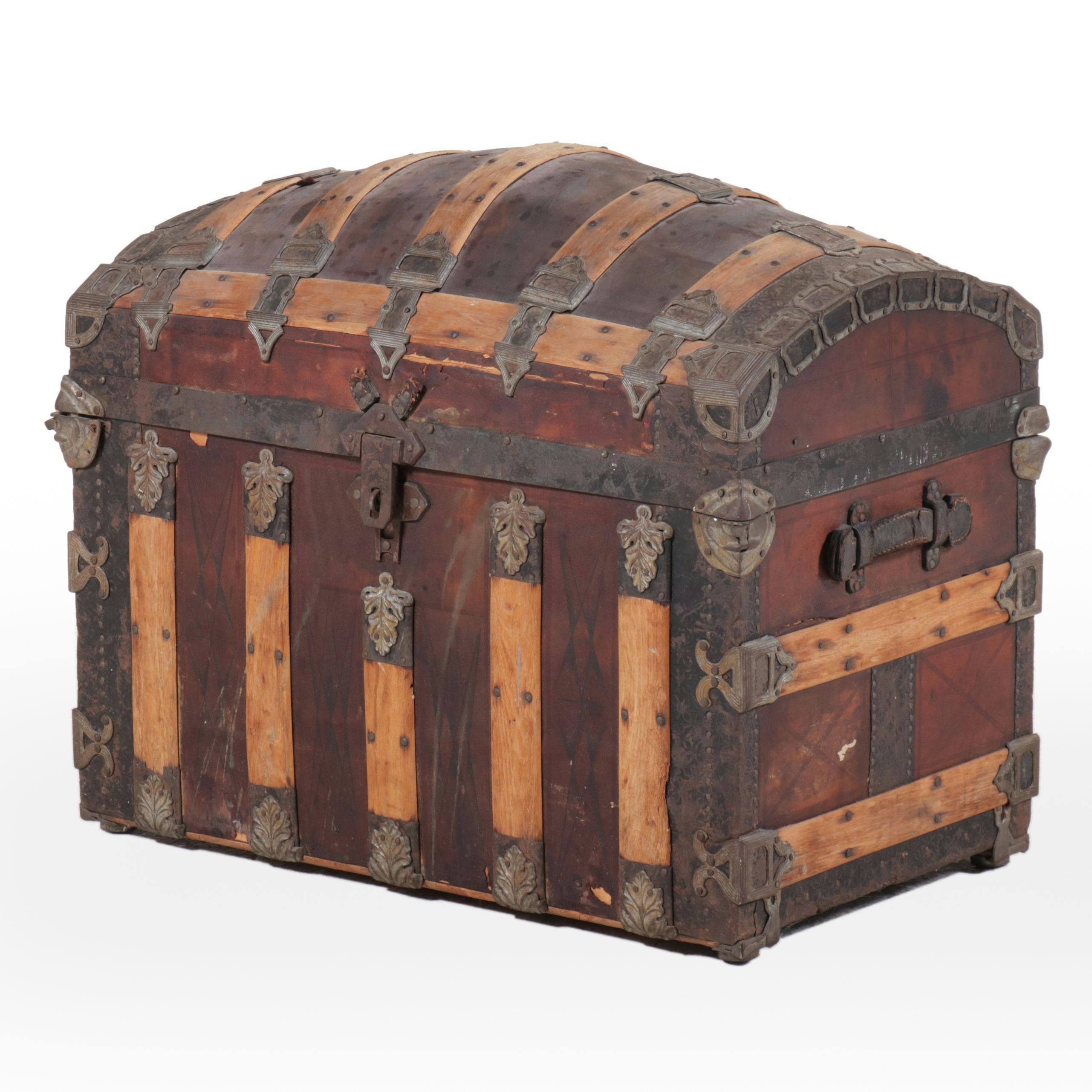 Victorian Wood and Metal Bound Dome Top Trunk