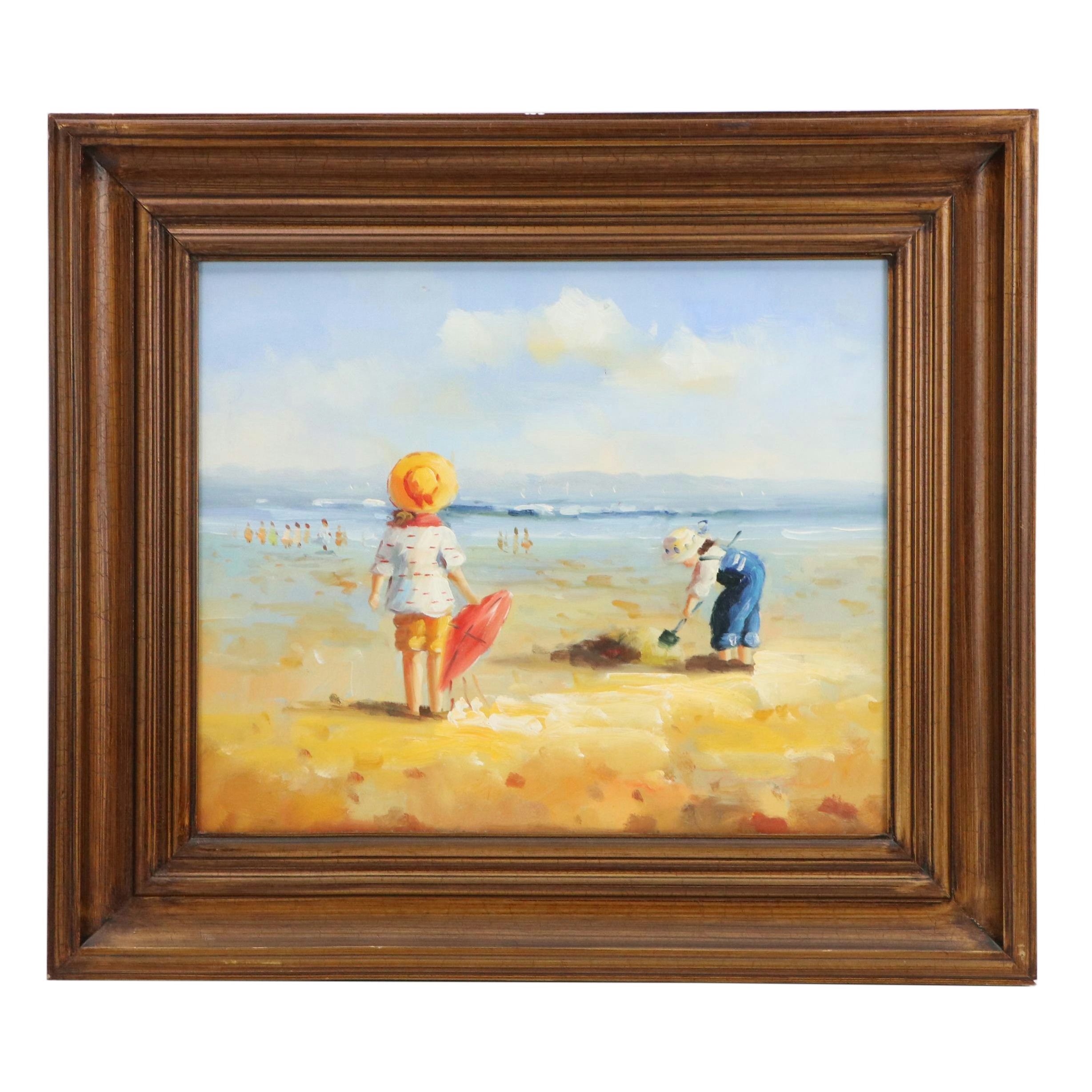 Oil Painting of Children Playing at Beach, Late 20th / 21st Century