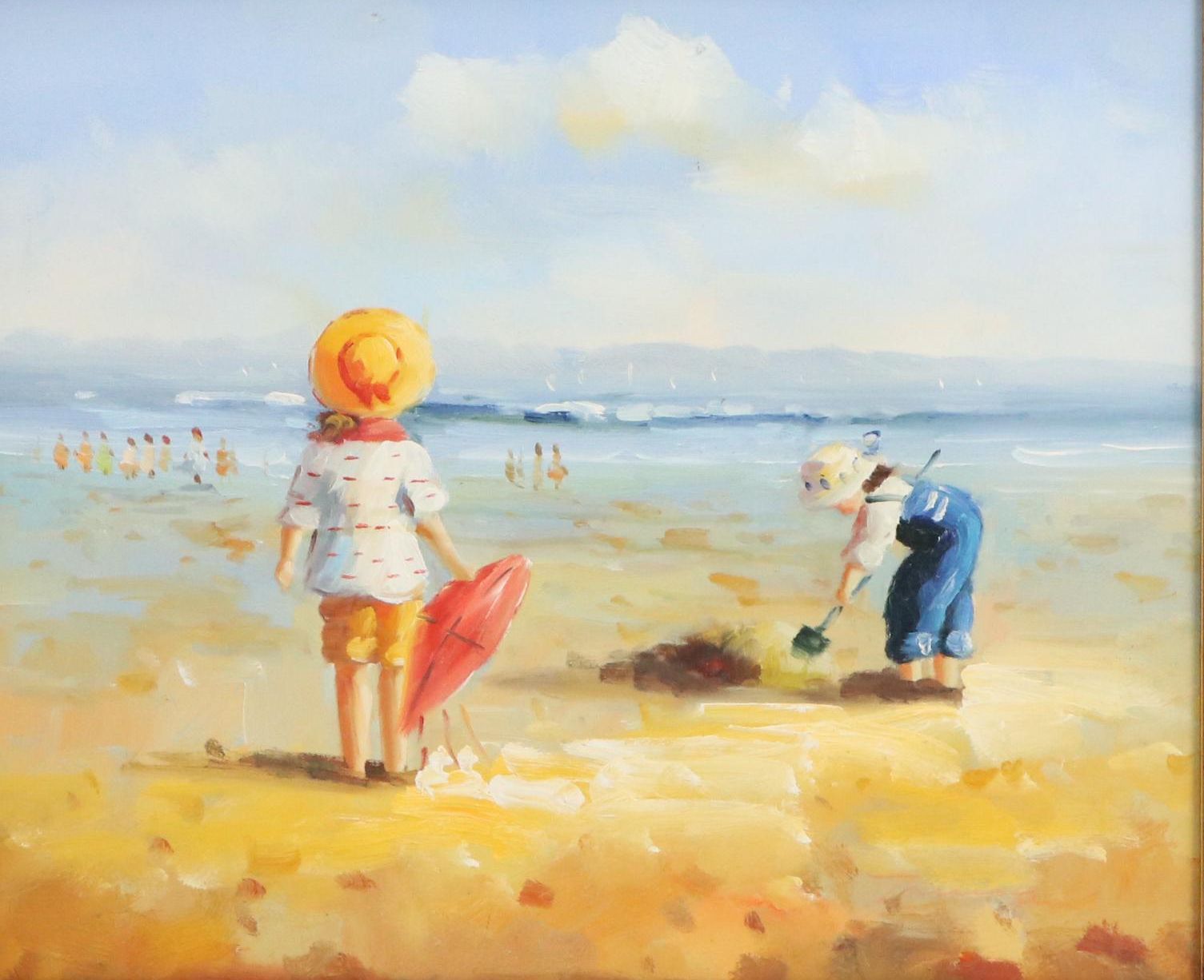 Oil Painting of Children Playing at Beach, Late 20th / 21st Century