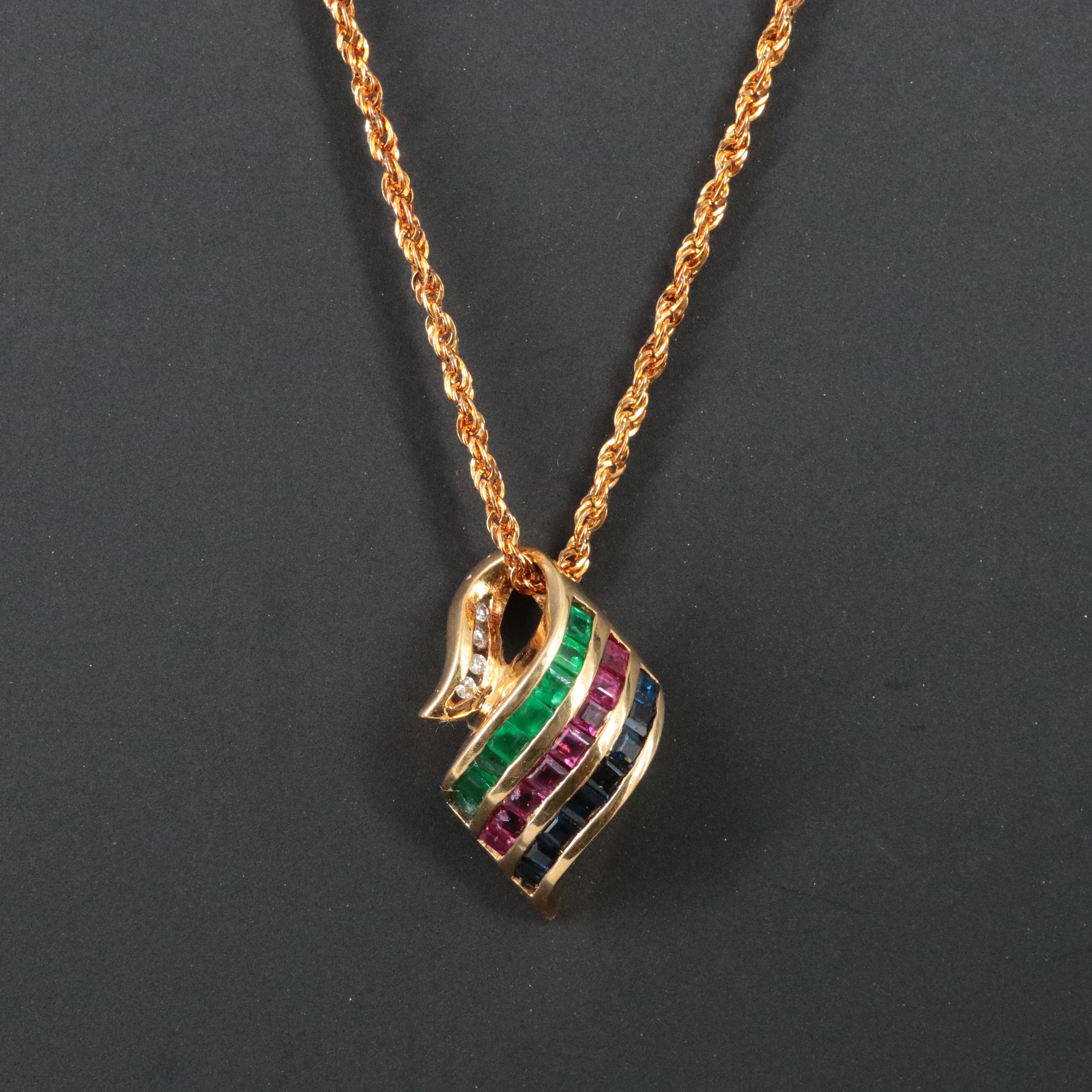 18K Ruby, Emerald and Sapphire Pendant on 10K Rope Chain Necklace