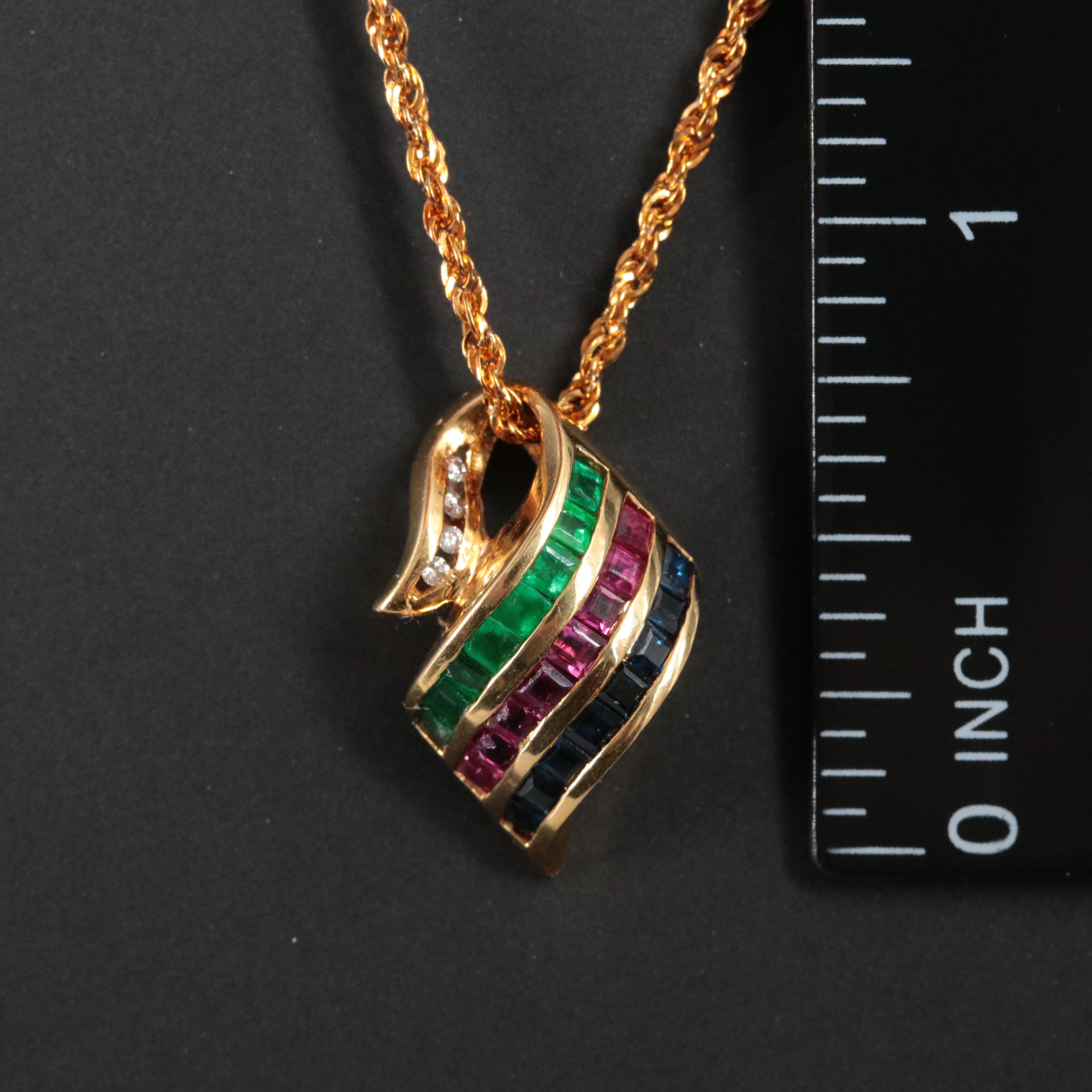 18K Ruby, Emerald and Sapphire Pendant on 10K Rope Chain Necklace