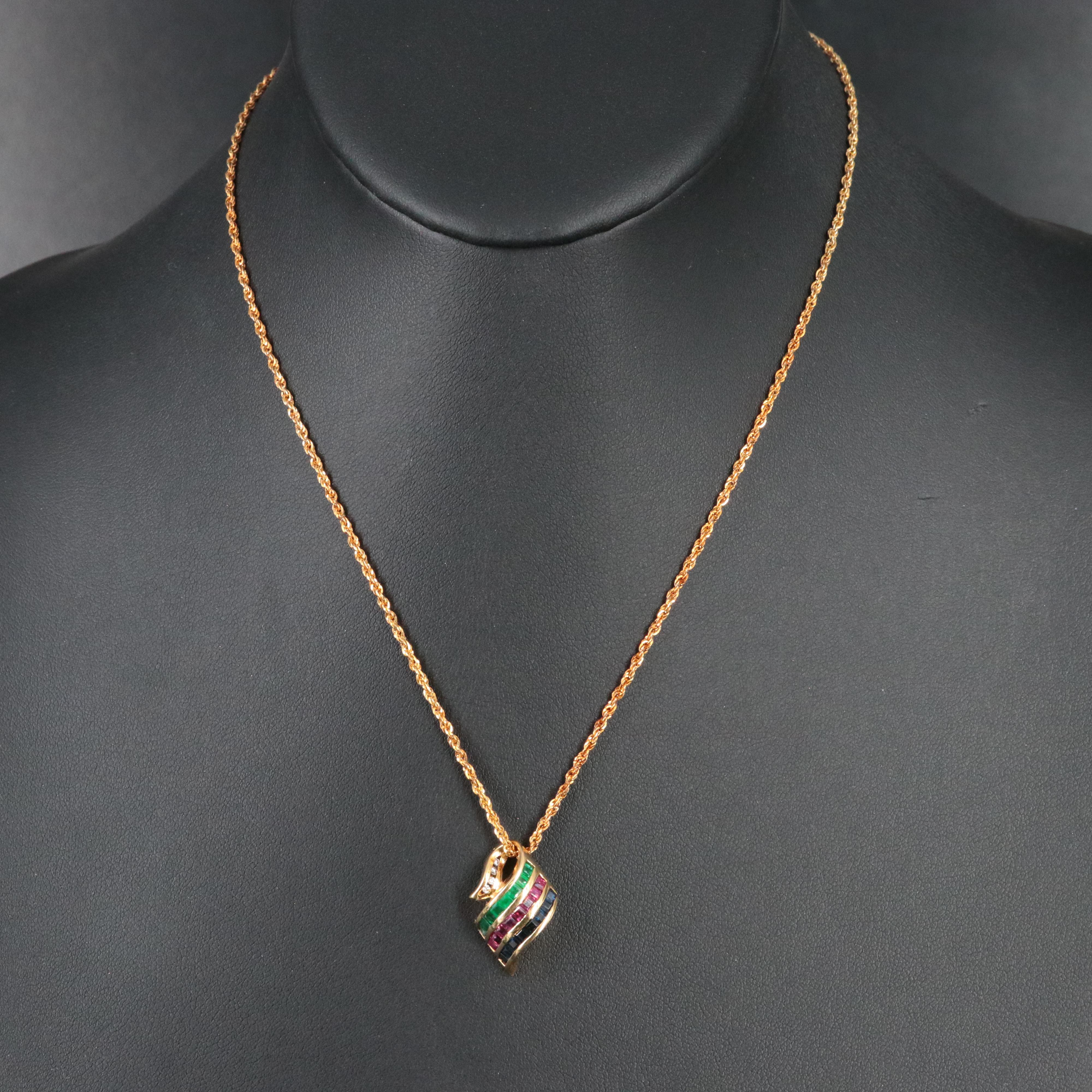 18K Ruby, Emerald and Sapphire Pendant on 10K Rope Chain Necklace