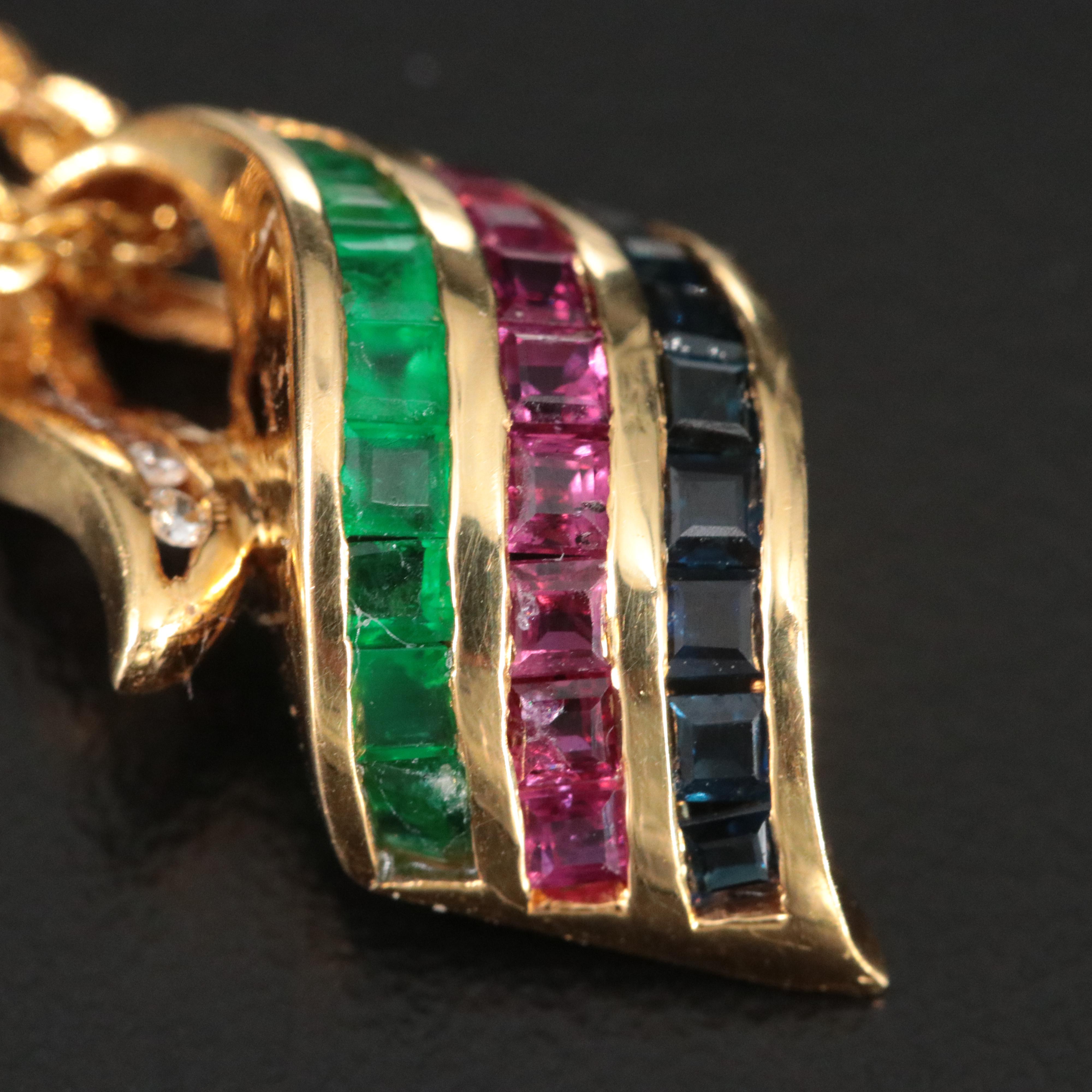 18K Ruby, Emerald and Sapphire Pendant on 10K Rope Chain Necklace