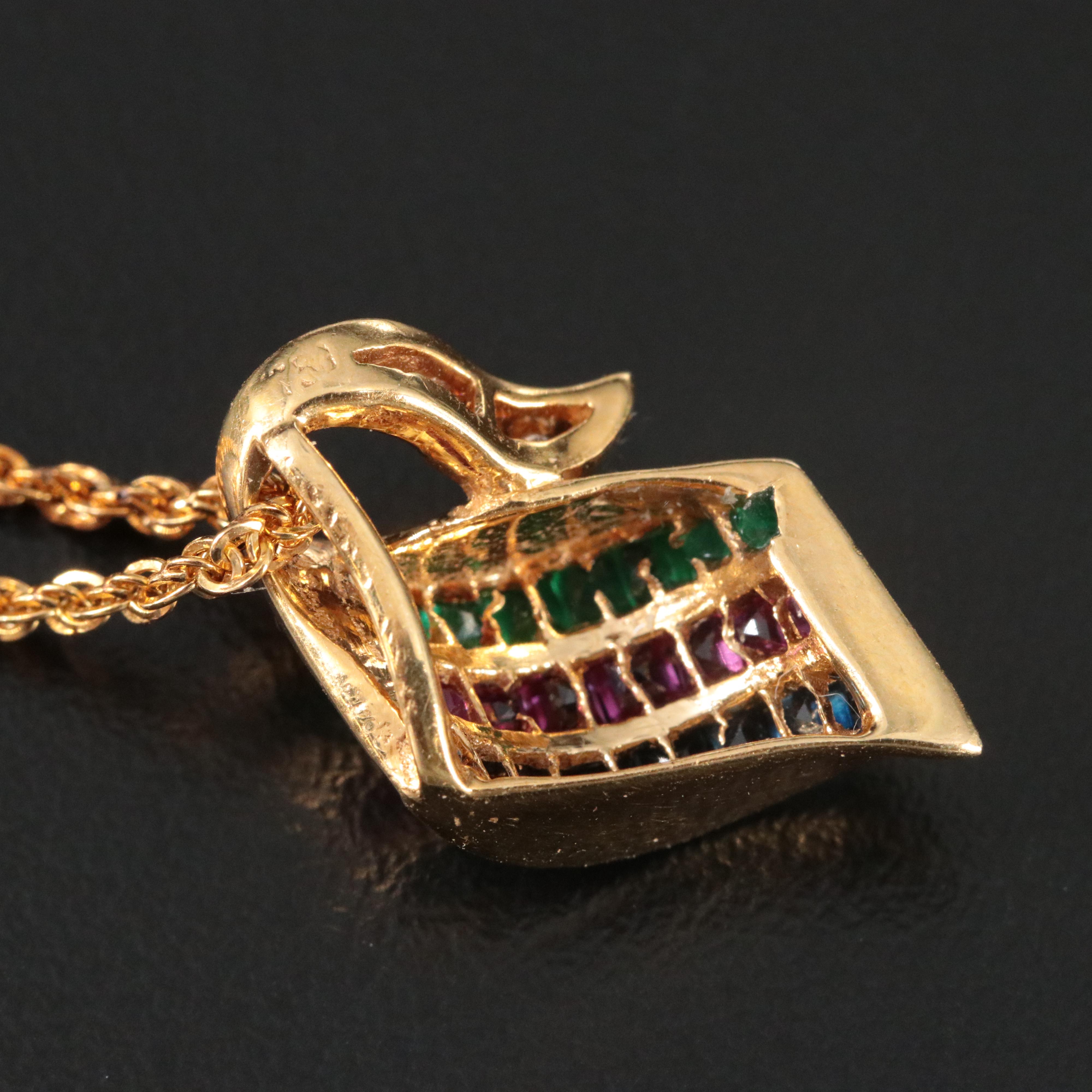 18K Ruby, Emerald and Sapphire Pendant on 10K Rope Chain Necklace