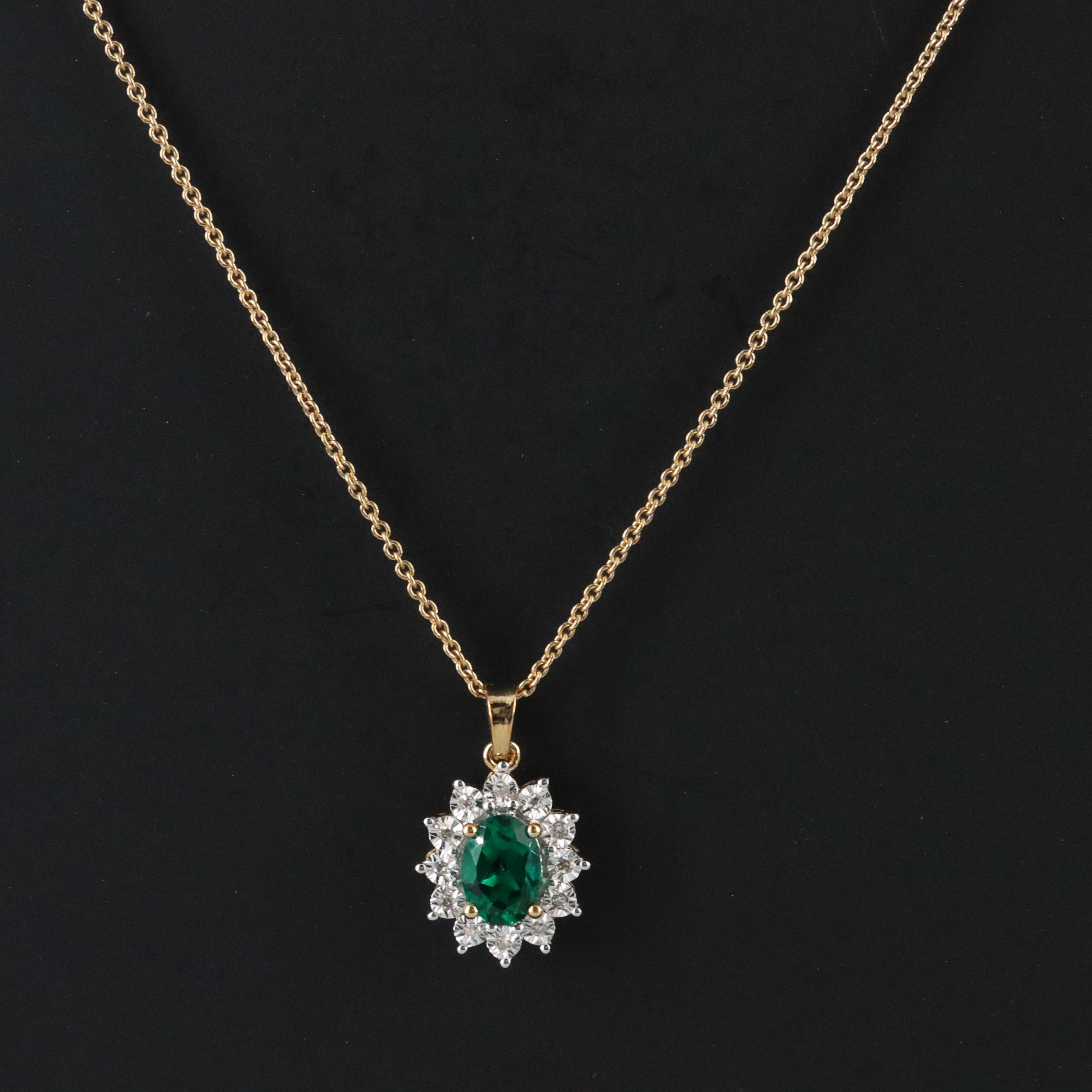 Sterling Emerald and Diamond Halo Pendant Necklace