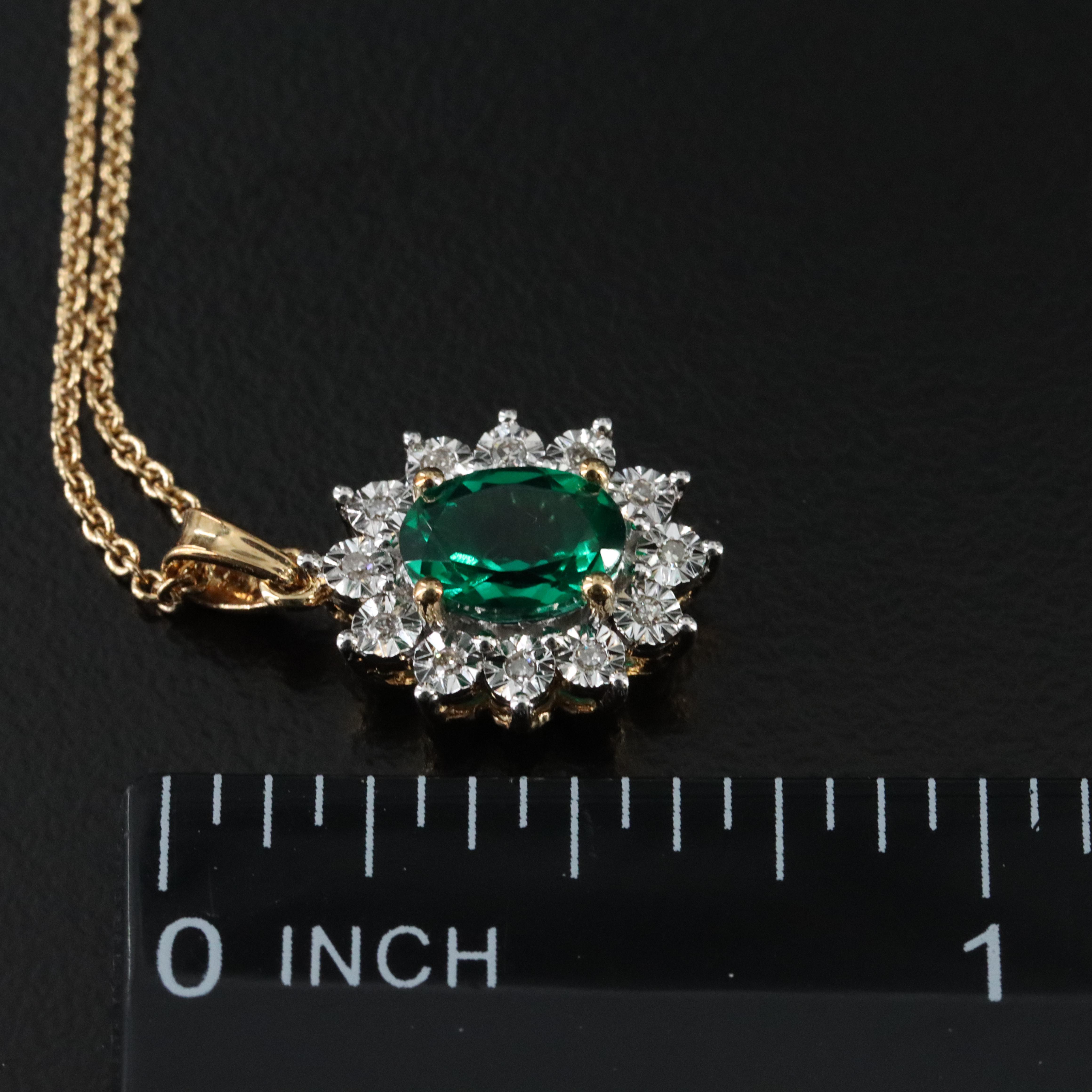 Sterling Emerald and Diamond Halo Pendant Necklace